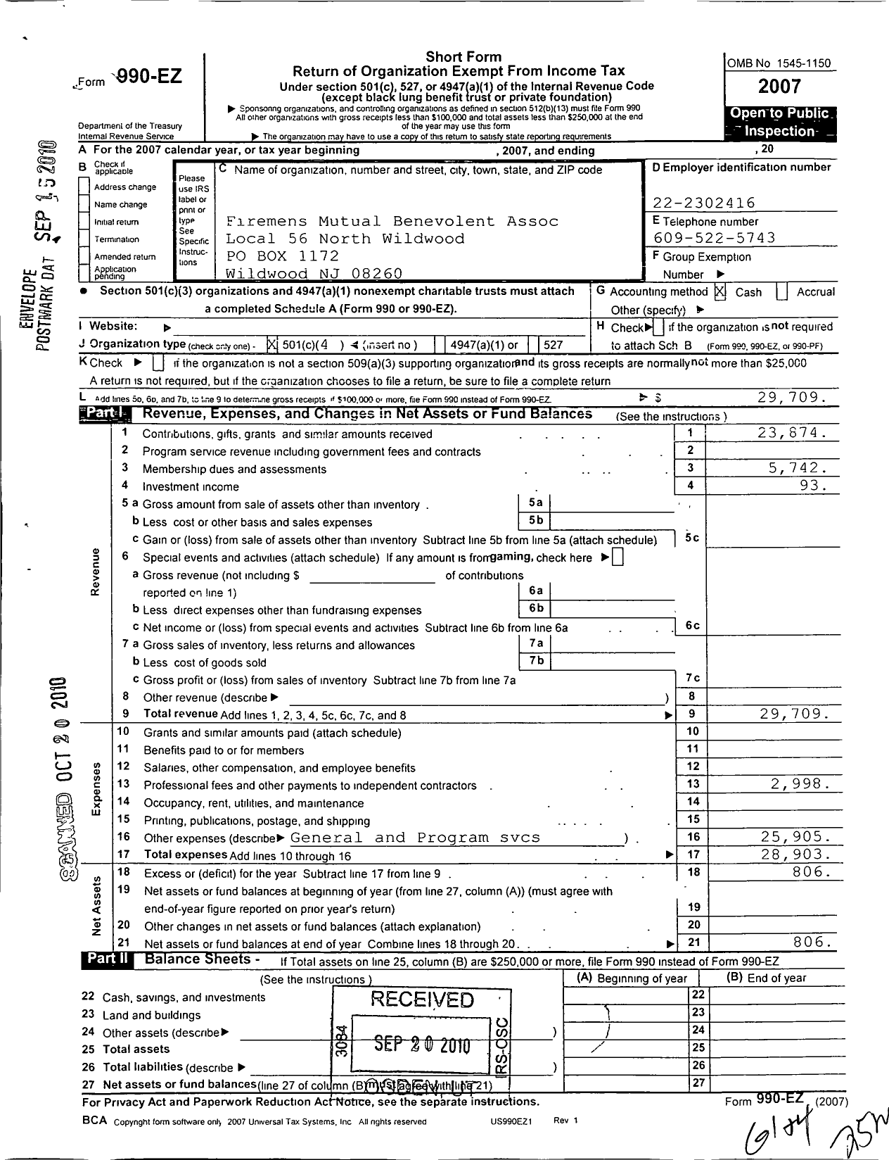 Image of first page of 2007 Form 990EO for New Jersey State Firemens Mutual Benevolent Association / 56 N Wildwood Local