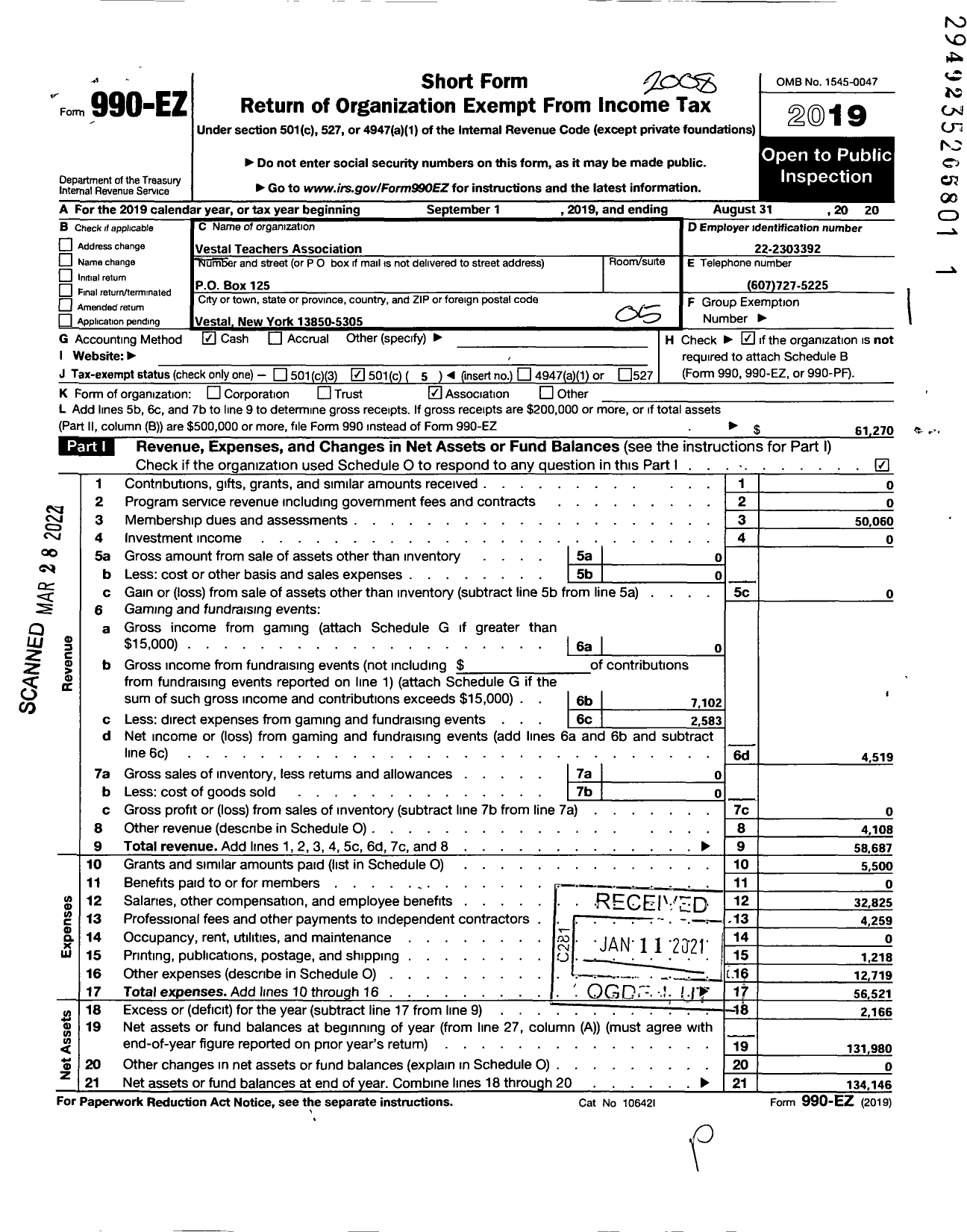 Image of first page of 2019 Form 990EO for American Federation of Teachers - 3078 Vestal Teachers Association