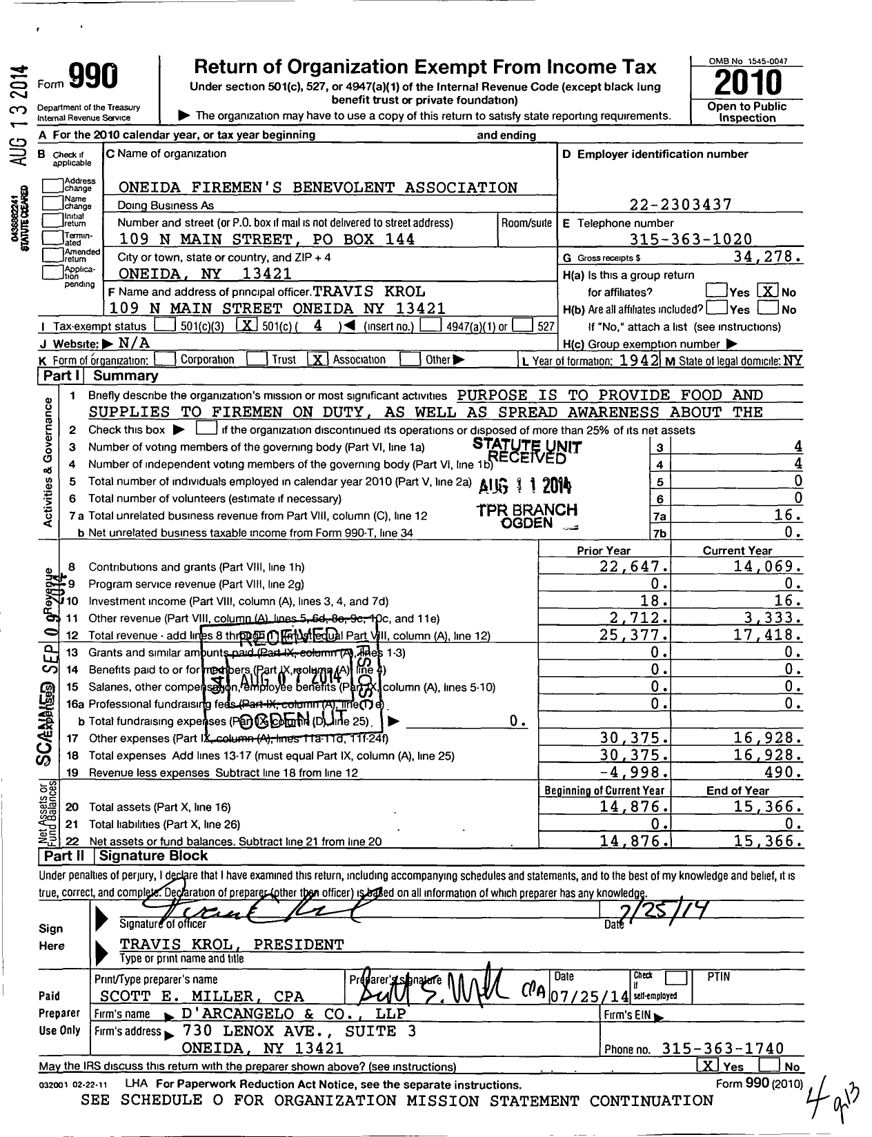 Image of first page of 2010 Form 990O for Oneida Firemens Benevolent Association