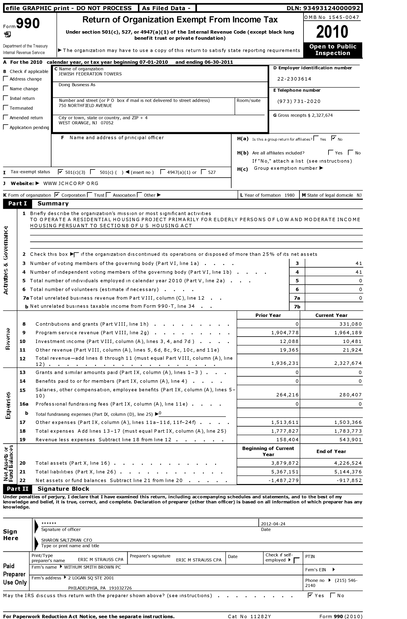 Image of first page of 2010 Form 990 for Jewish Federation Towers