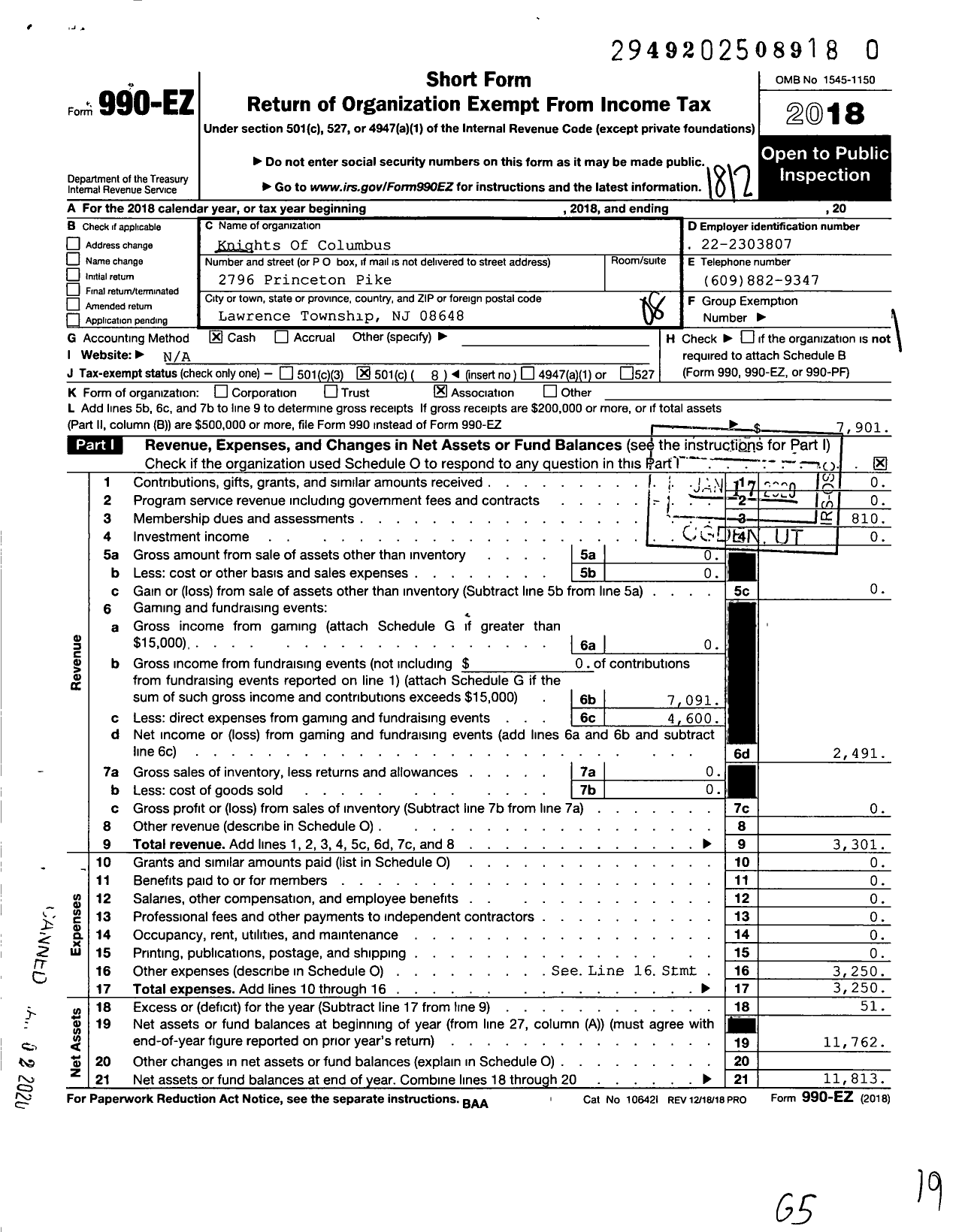 Image of first page of 2018 Form 990EO for Knights of Columbus - 7244 St Hedwig Council