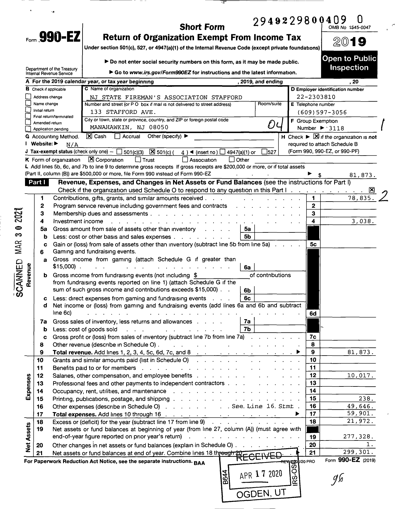 Image of first page of 2019 Form 990EO for New Jersey State Firemen's Association - Stafford Twsp