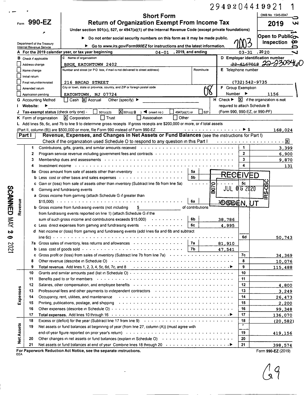 Image of first page of 2019 Form 990EO for Benevolent and Protective Order of Elks - 2402 Eatontown