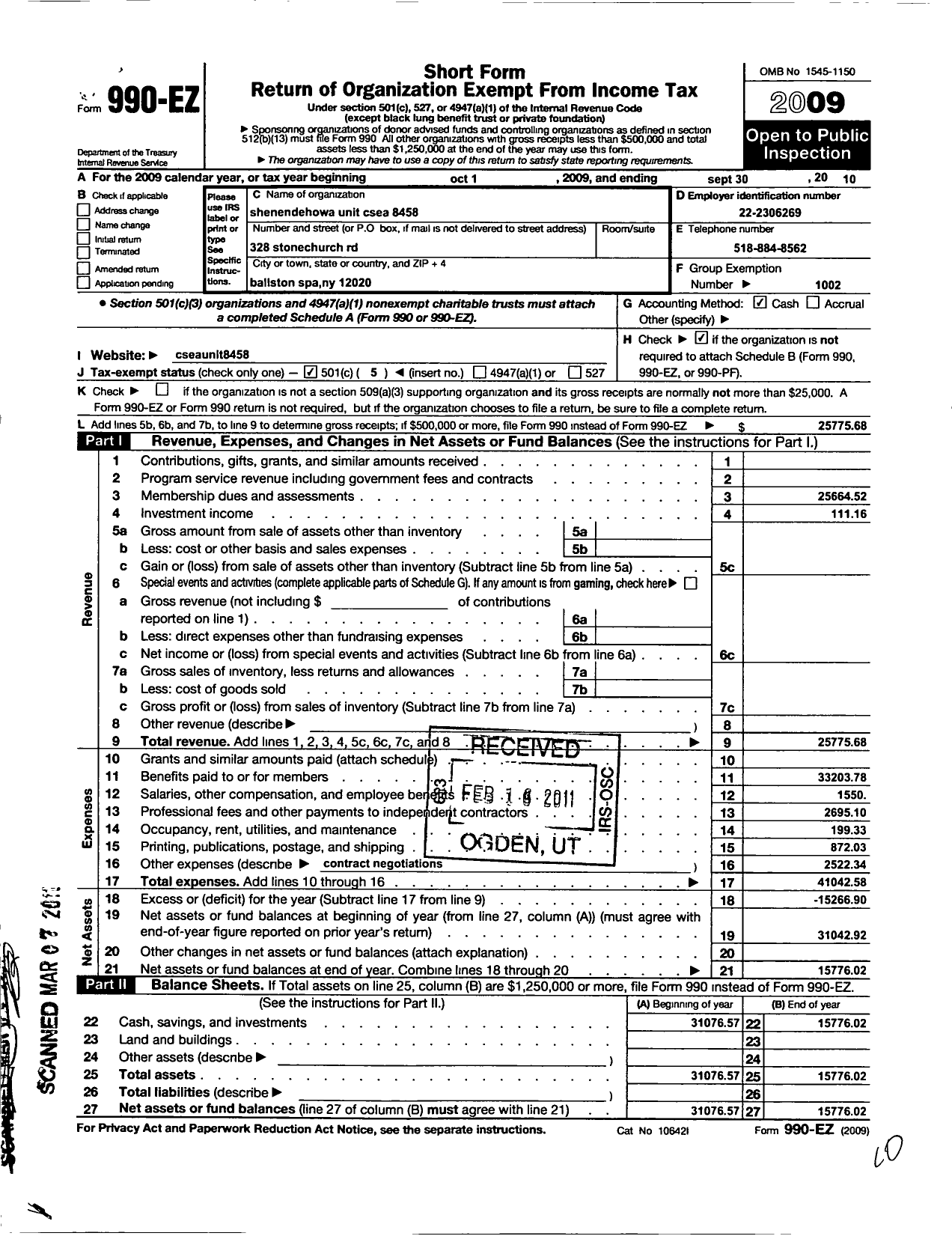 Image of first page of 2009 Form 990EO for Civil Service Employees Association - 0864-845800 Shenendehowa CSD