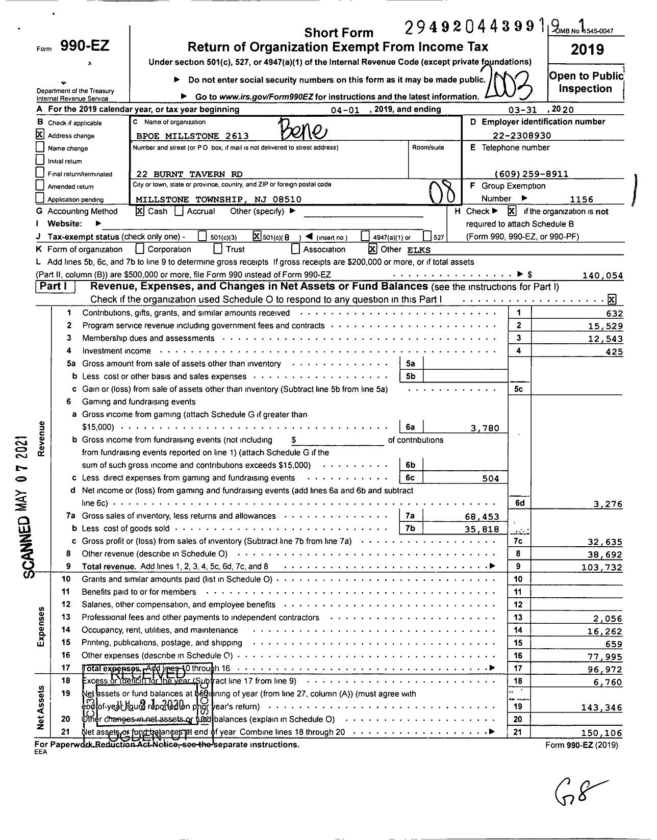 Image of first page of 2019 Form 990EO for Benevolent and Protective Order of Elks - 2613 MILLSTONE