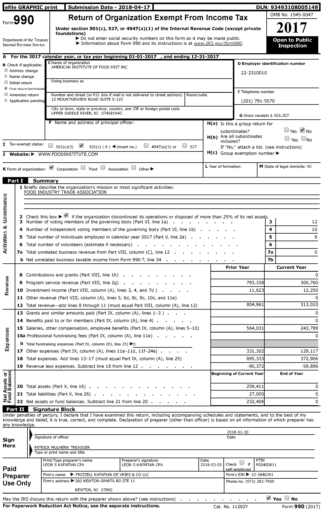 Image of first page of 2017 Form 990 for American Institute of Food Distribution