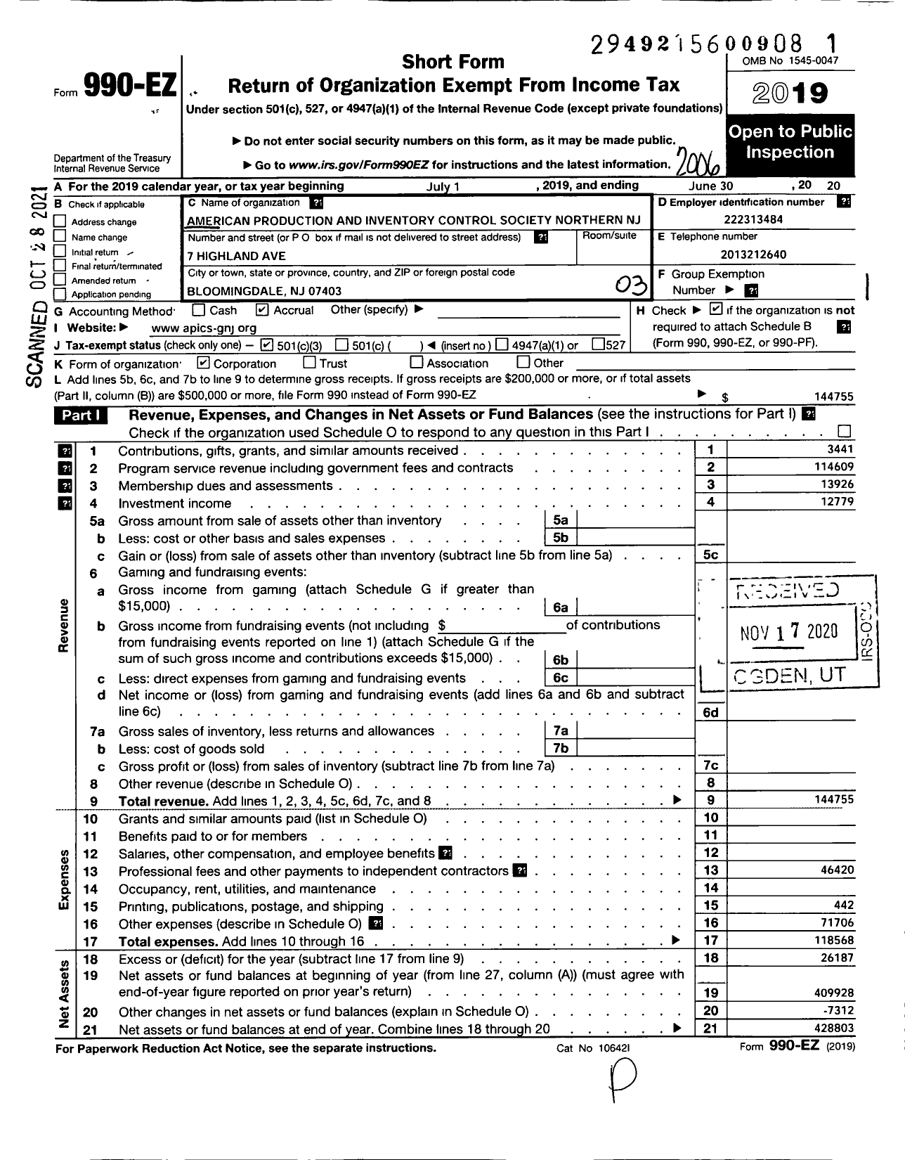 Image of first page of 2019 Form 990EZ for American Production & Inventory Control Society Northern New Jersey Chapter