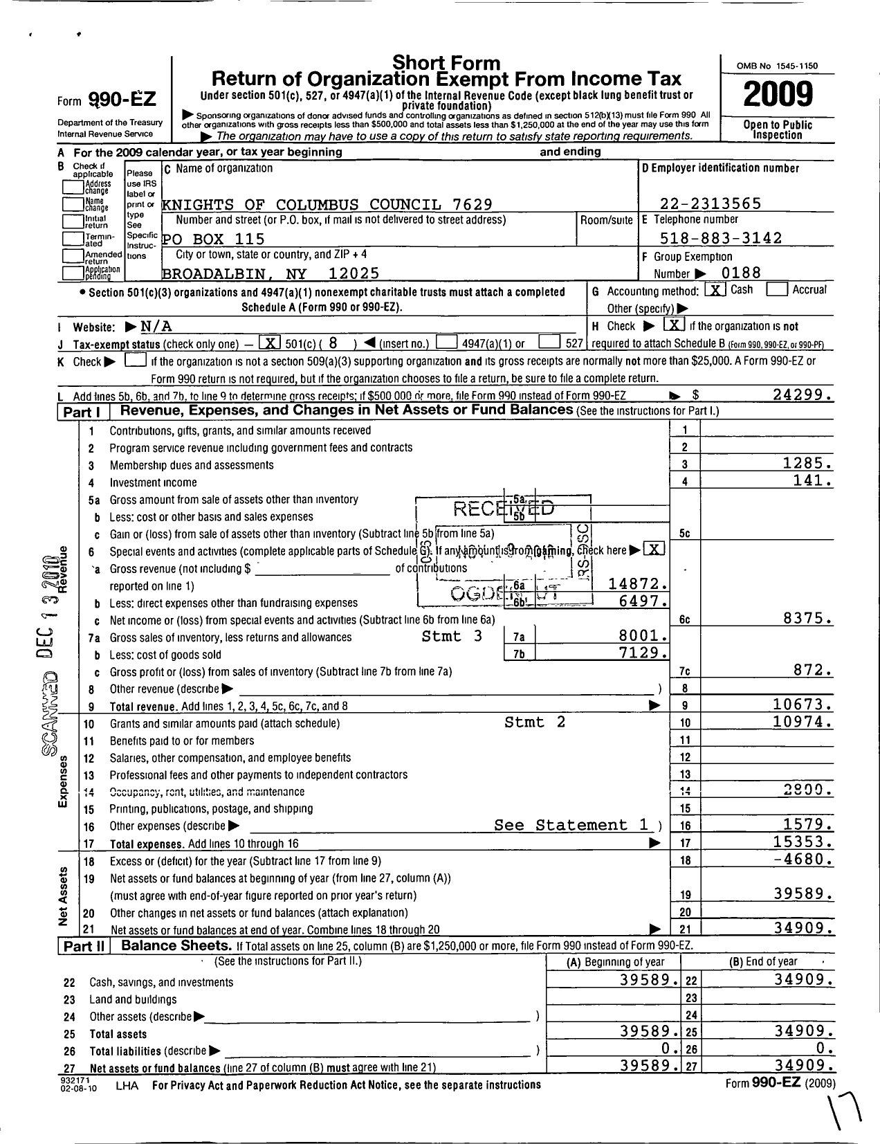 Image of first page of 2009 Form 990EO for Knights of Columbus - 7629 Broadalbin Council