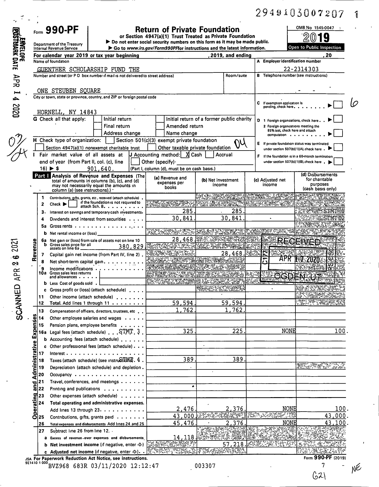 Image of first page of 2019 Form 990PF for Guenther Scholarship Fund the 003307