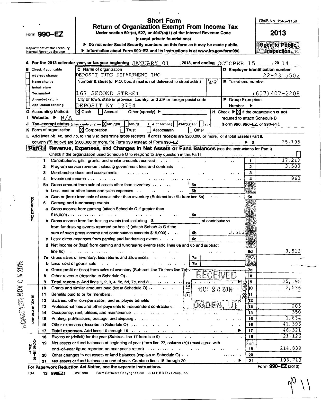 Image of first page of 2013 Form 990EZ for Deposit Fire Dept