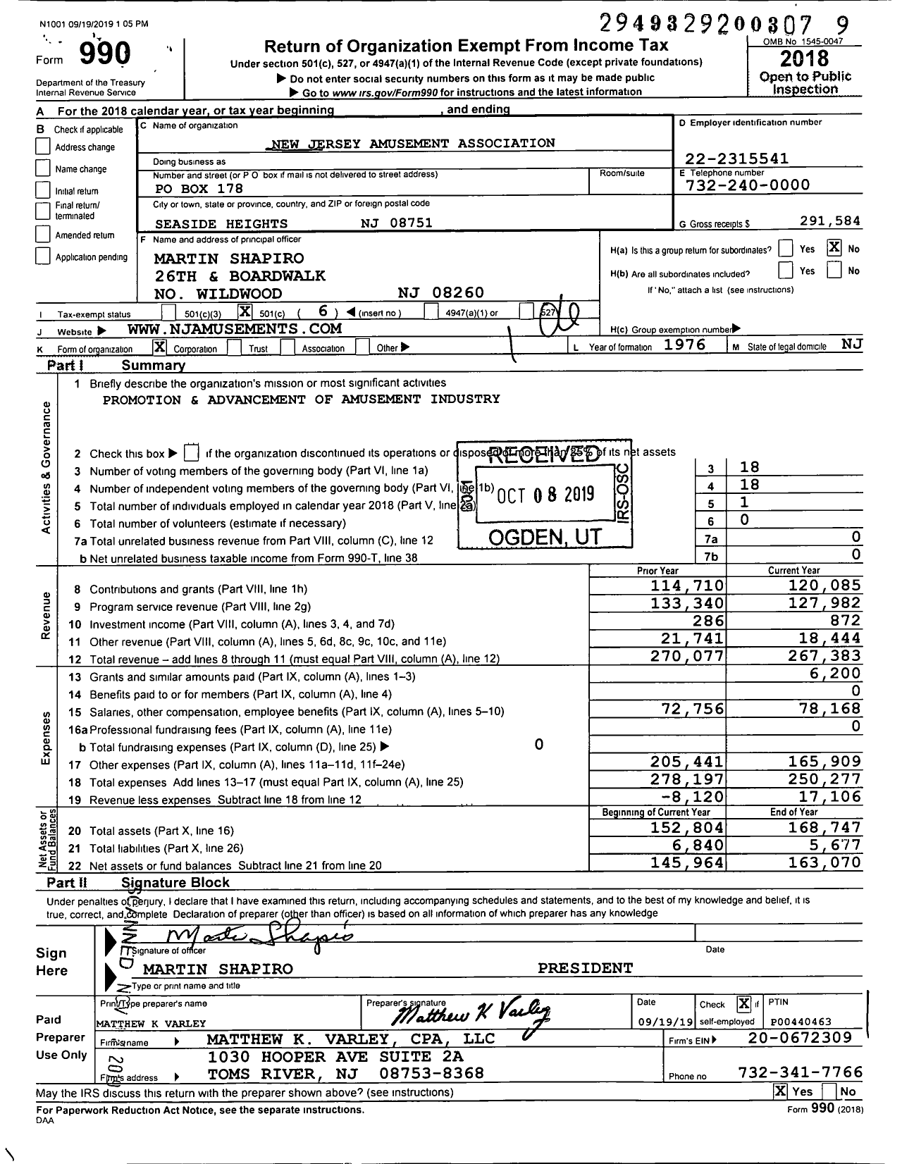 Image of first page of 2018 Form 990O for New Jersey Amusement Association