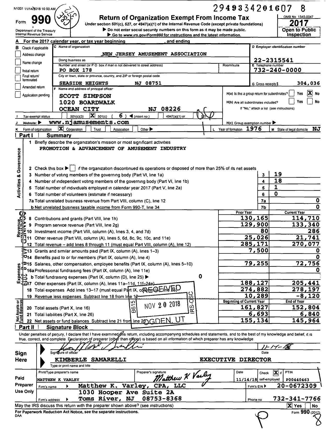 Image of first page of 2017 Form 990O for New Jersey Amusement Association