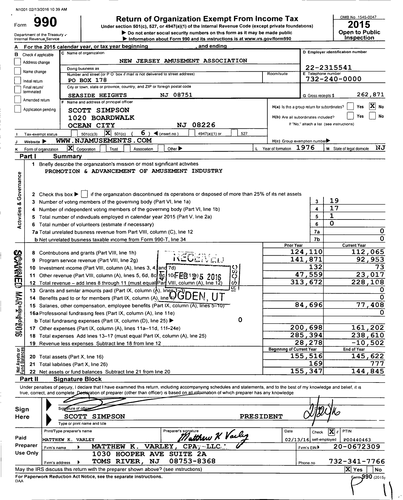 Image of first page of 2015 Form 990O for New Jersey Amusement Association