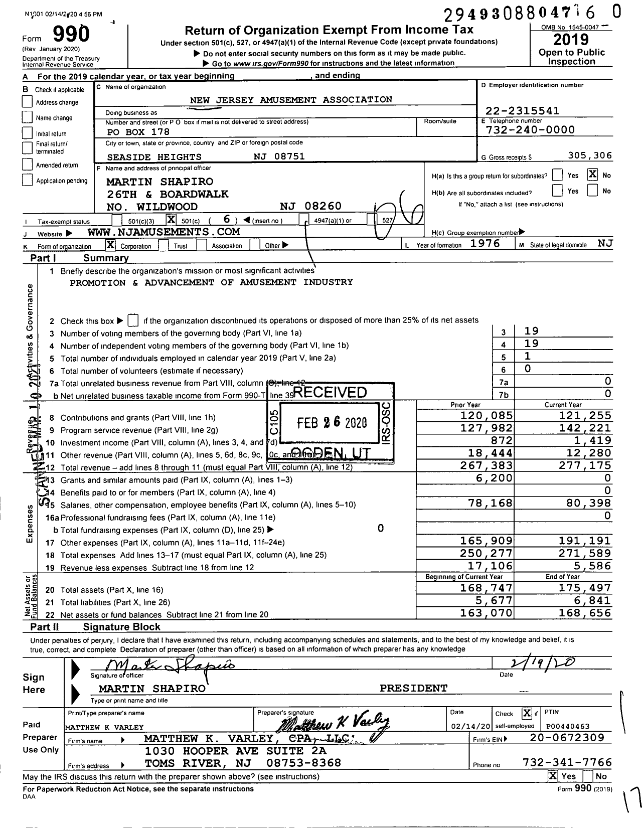 Image of first page of 2019 Form 990O for New Jersey Amusement Association