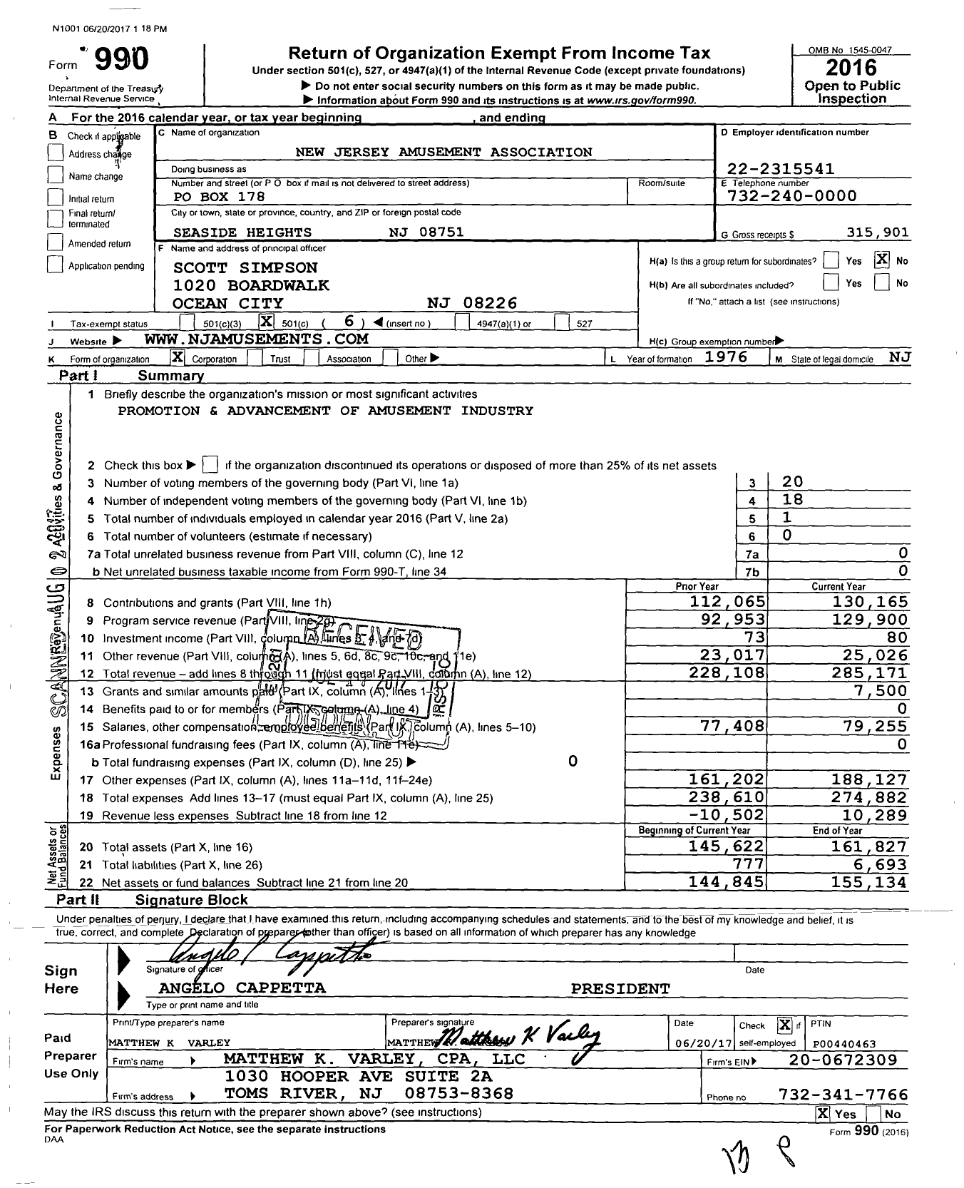 Image of first page of 2016 Form 990O for New Jersey Amusement Association