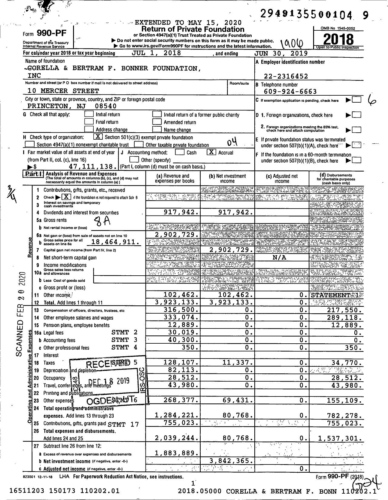 Image of first page of 2018 Form 990PF for Corella and Bertram F Bonner Foundation