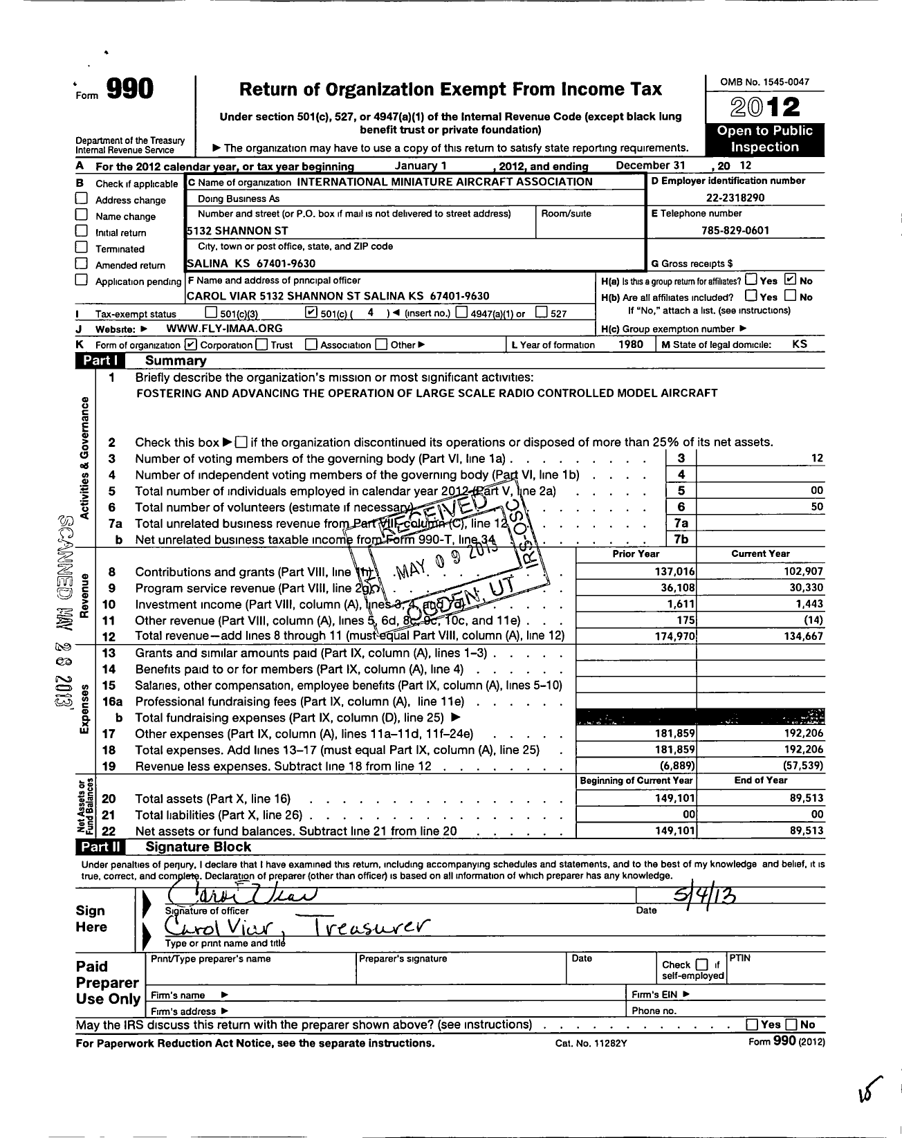 Image of first page of 2012 Form 990O for International Miniature Aircraft