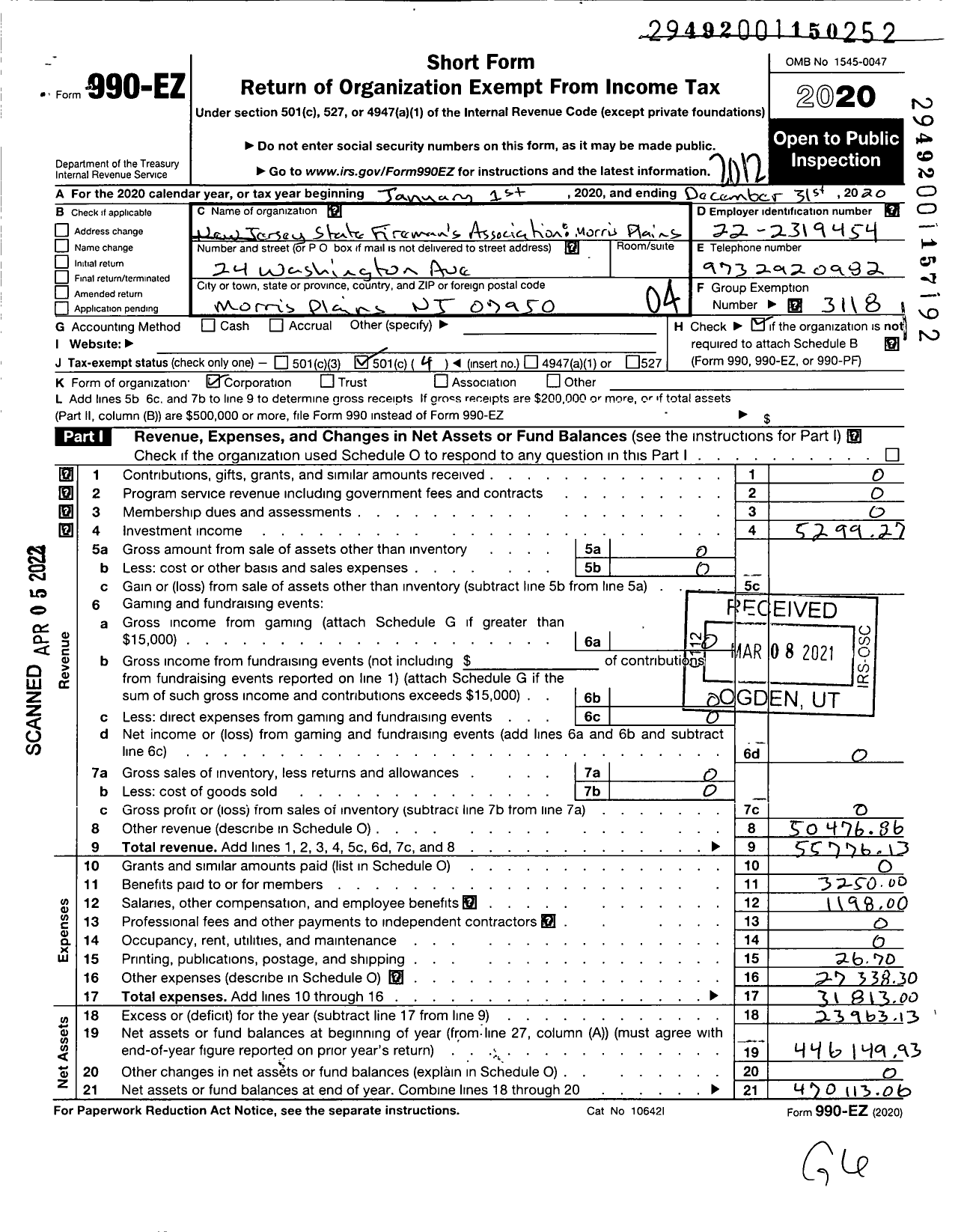 Image of first page of 2020 Form 990EO for New Jersey State Firemen's Association - Morris Plains