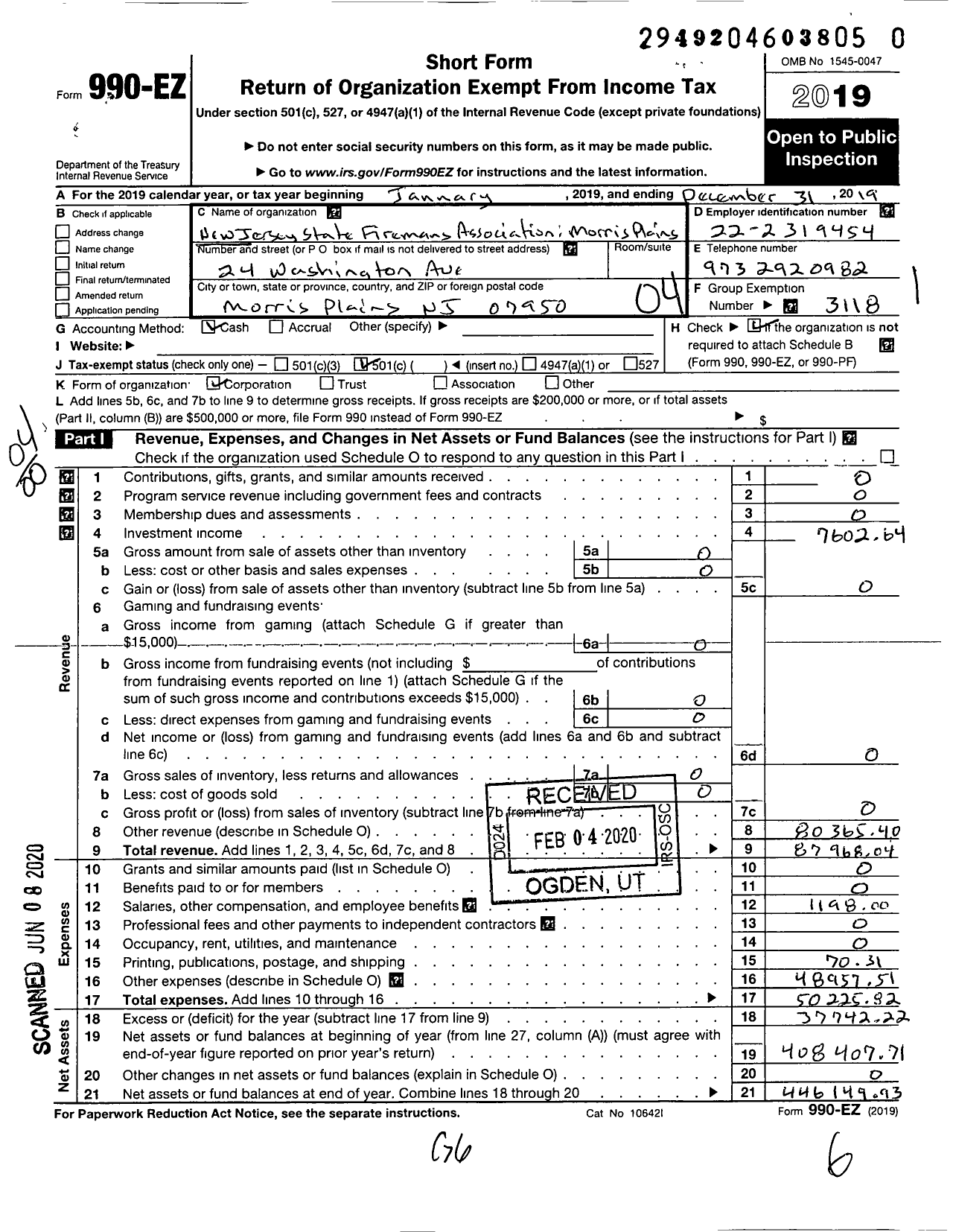 Image of first page of 2019 Form 990EO for New Jersey State Firemen's Association - Morris Plains