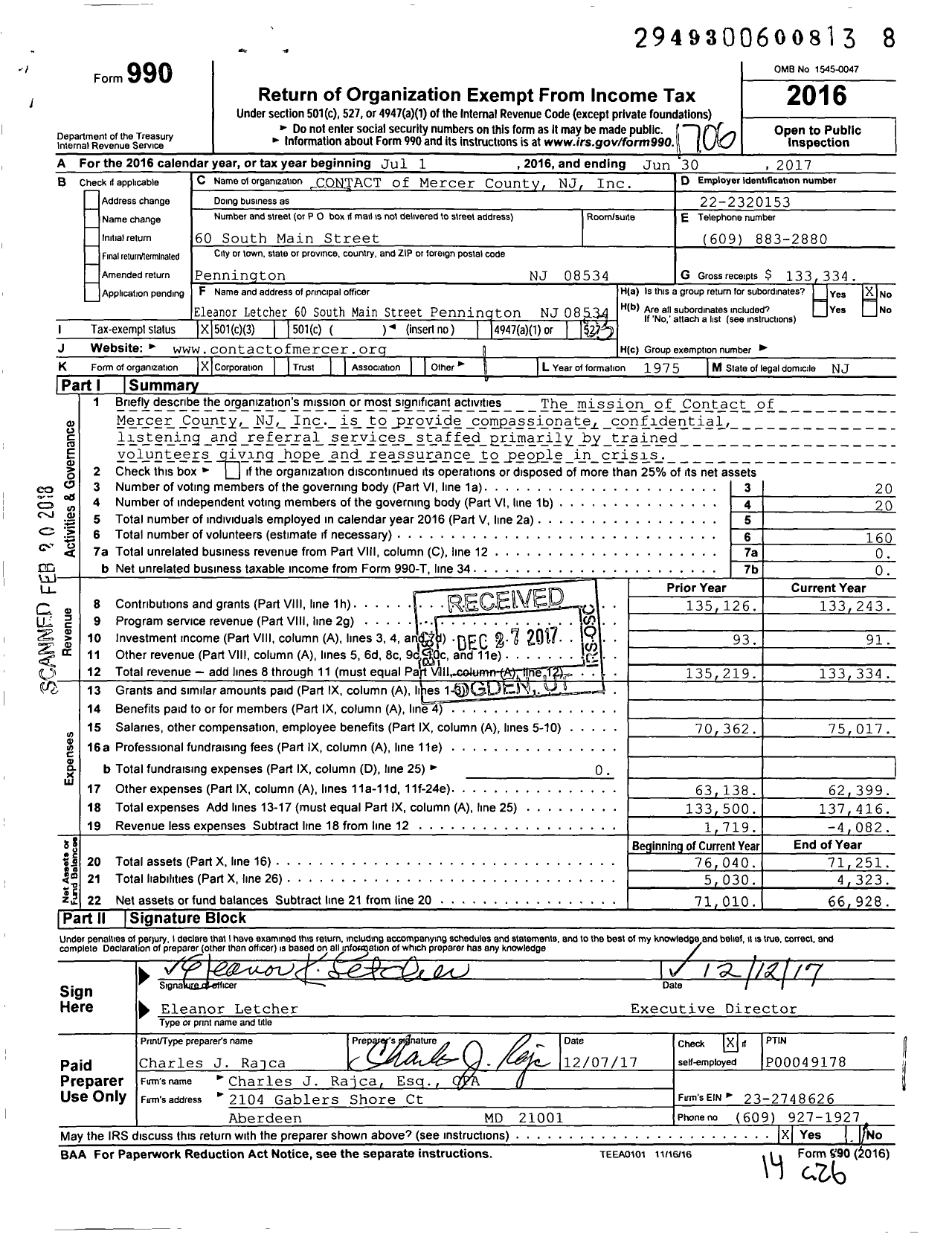 Image of first page of 2016 Form 990 for CONTACT of Mercer County NJ