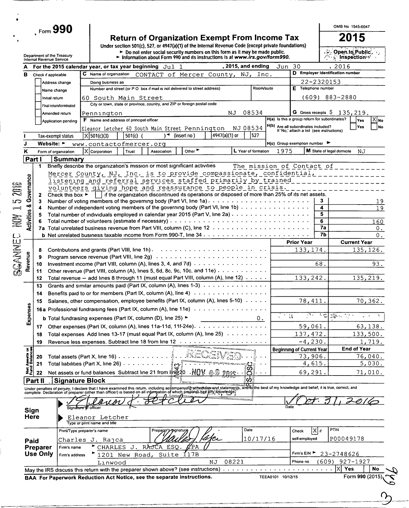 Image of first page of 2015 Form 990 for CONTACT of Mercer County NJ