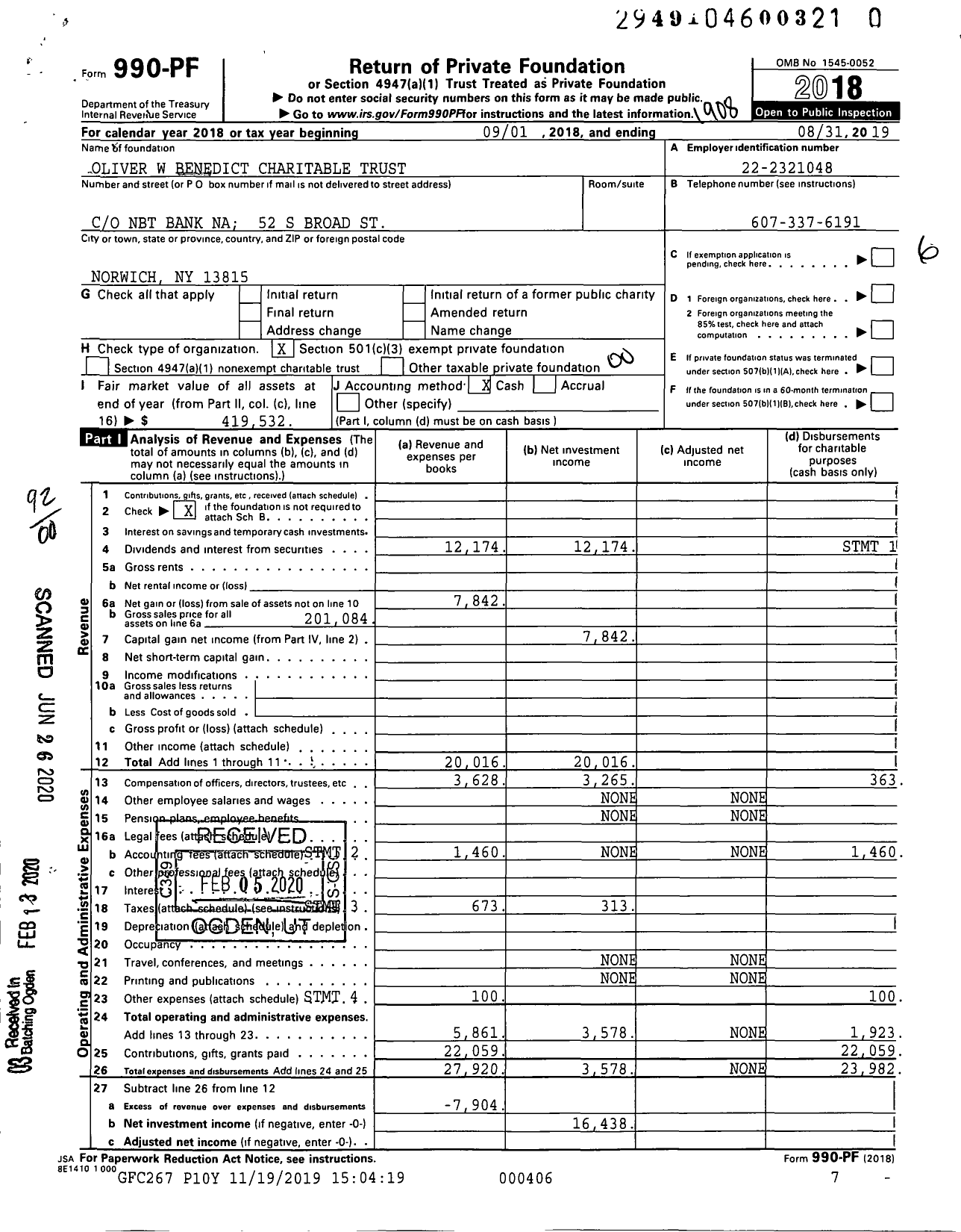 Image of first page of 2018 Form 990PR for Oliver W Benedict Charitable Trust