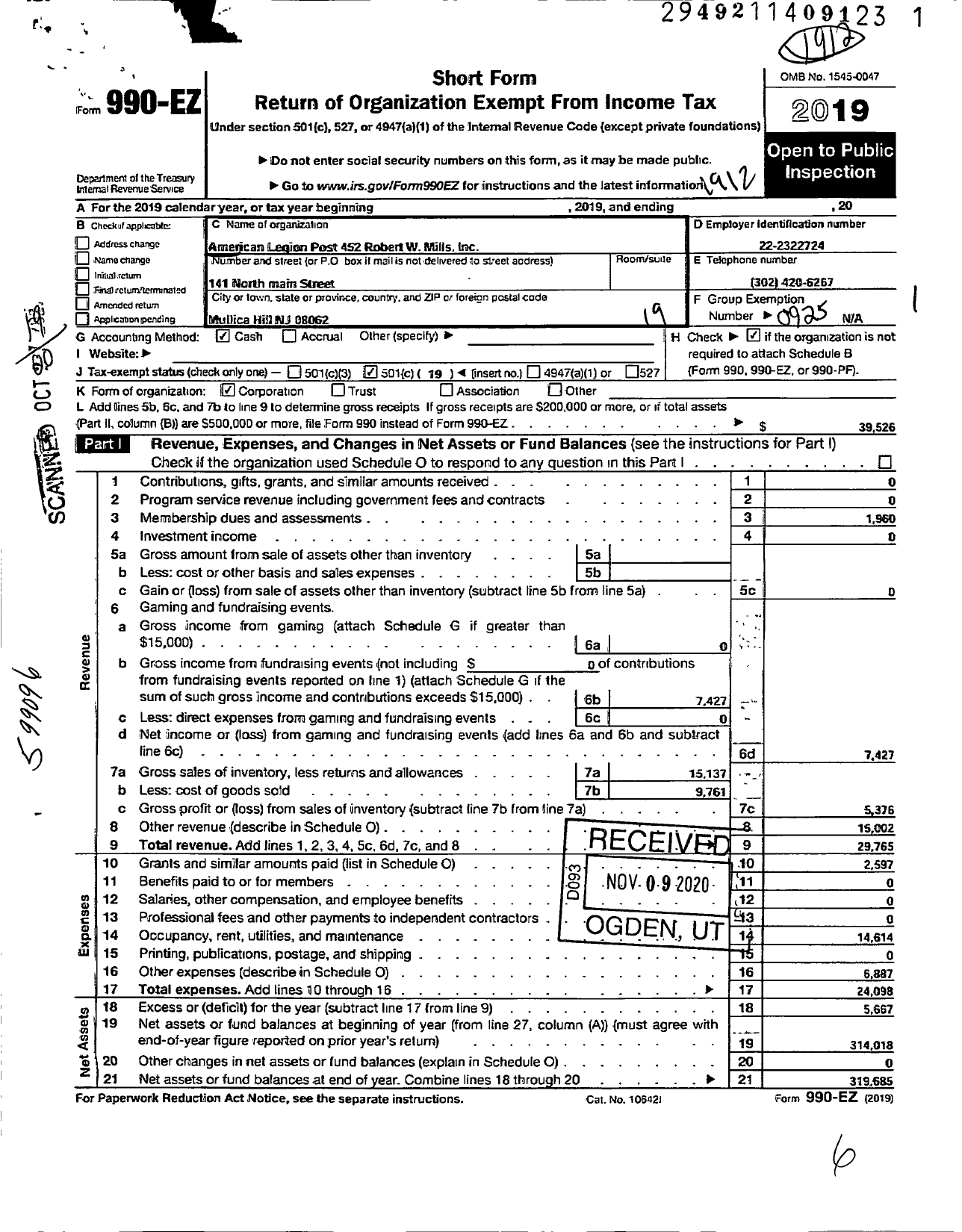 Image of first page of 2019 Form 990EO for American Legion Post 452 Robert W Mills