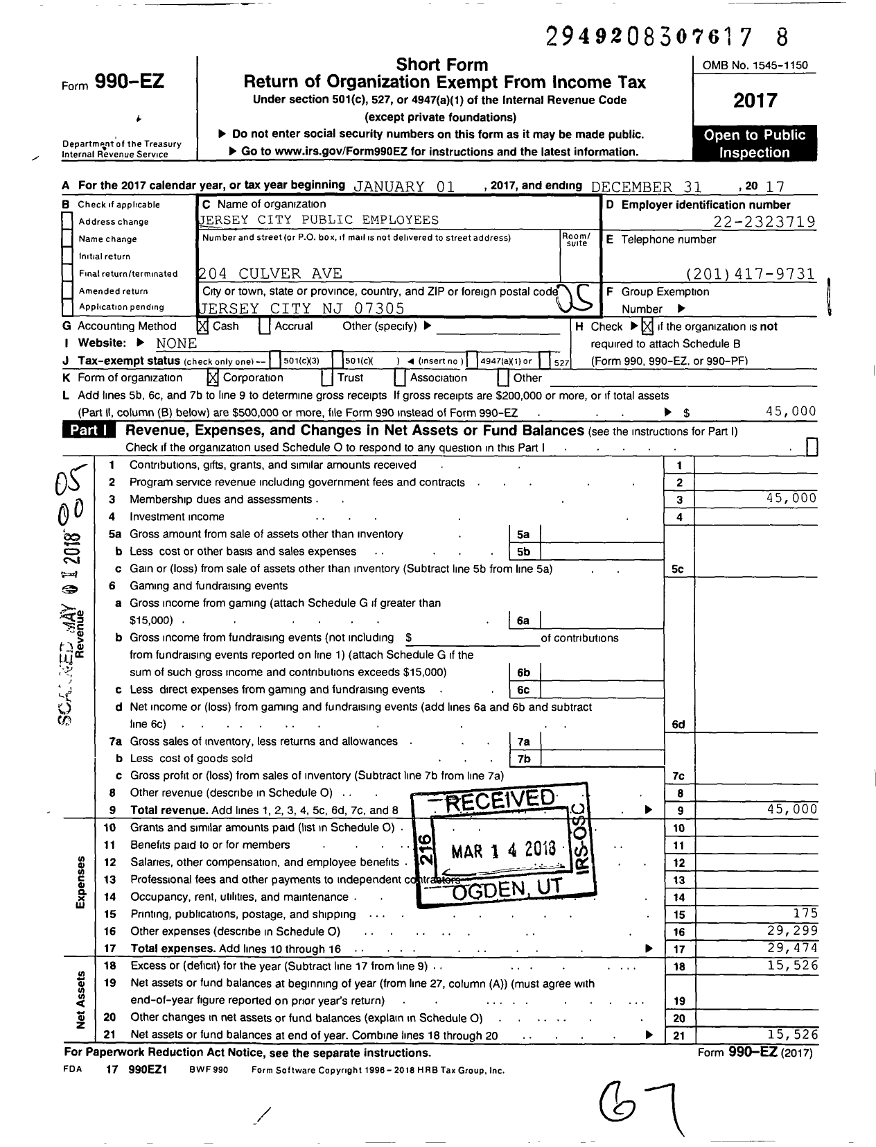 Image of first page of 2017 Form 990EO for Jersey City Public Employees Jersey City Public Employee Local 245