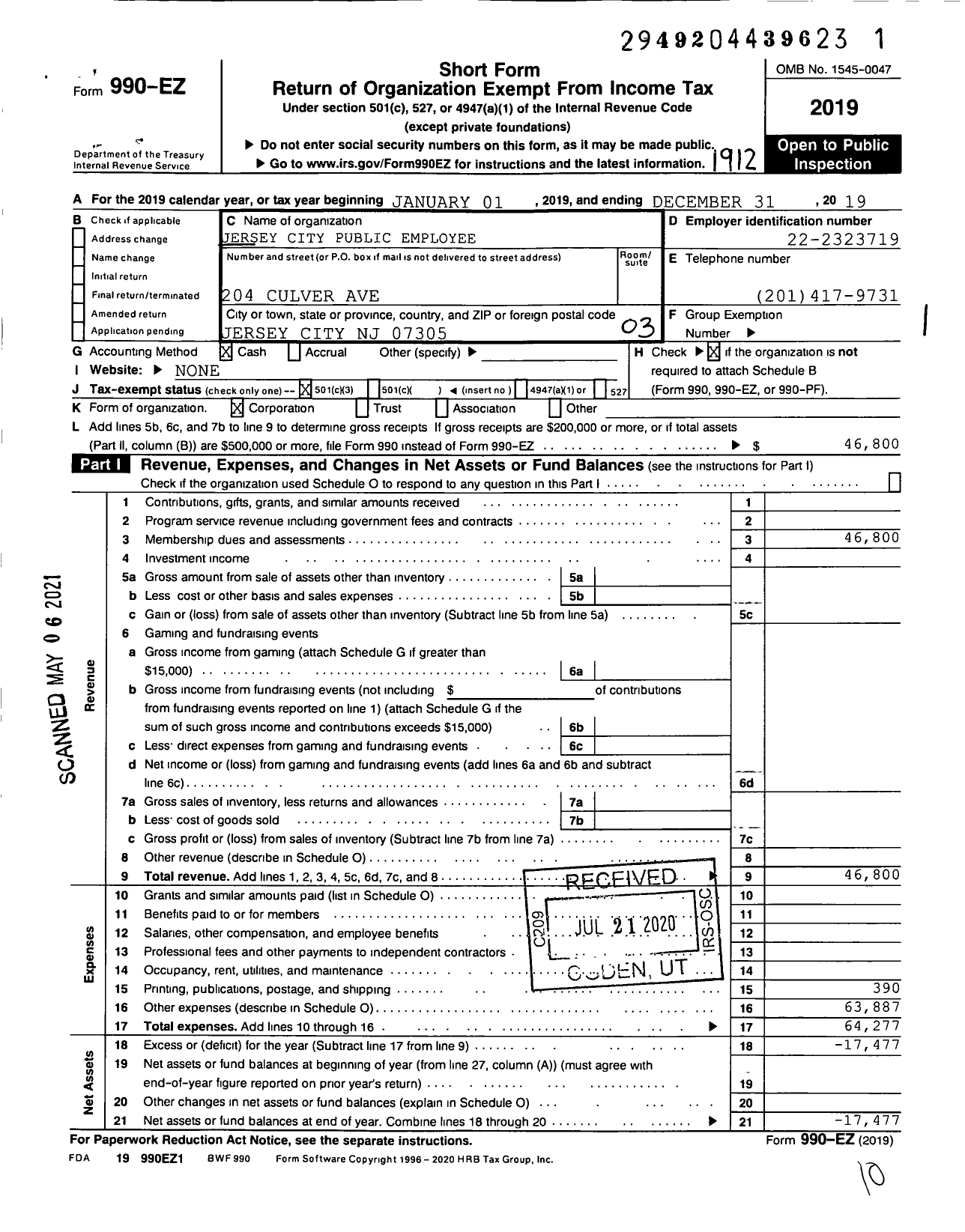 Image of first page of 2019 Form 990EZ for Jersey City Public Employees Jersey City Public Employee Local 245