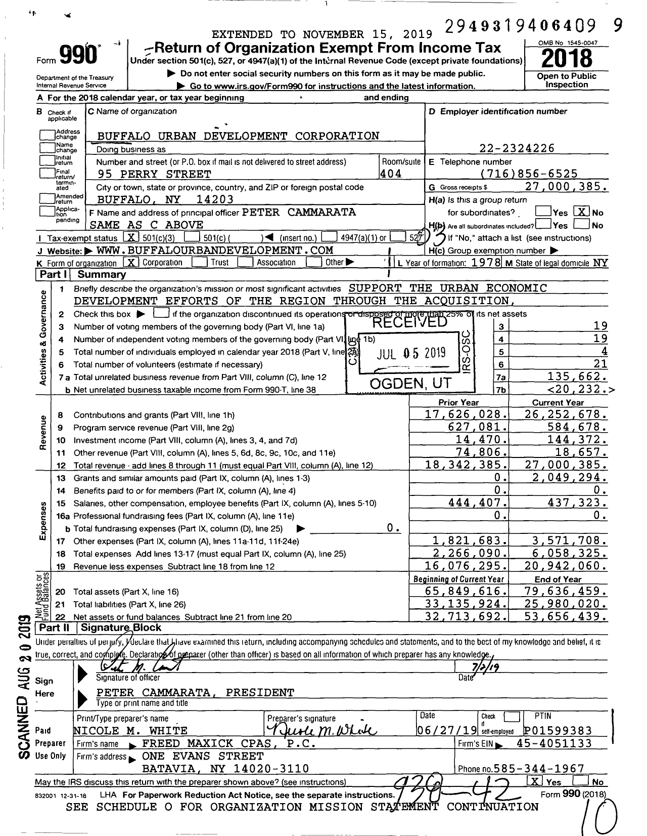 Image of first page of 2018 Form 990 for Buffalo Urban Development Corporation