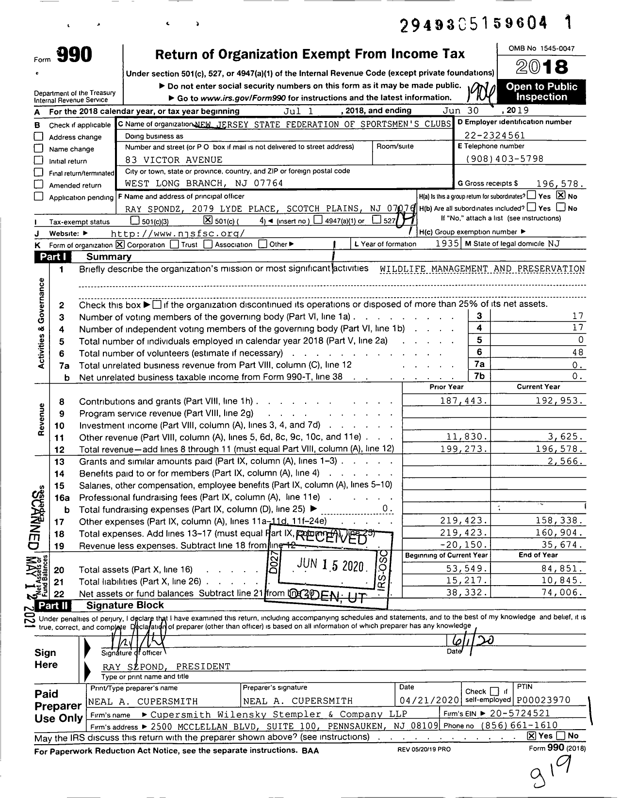 Image of first page of 2018 Form 990O for New Jersey State Federation of Sportsmen's Clubs