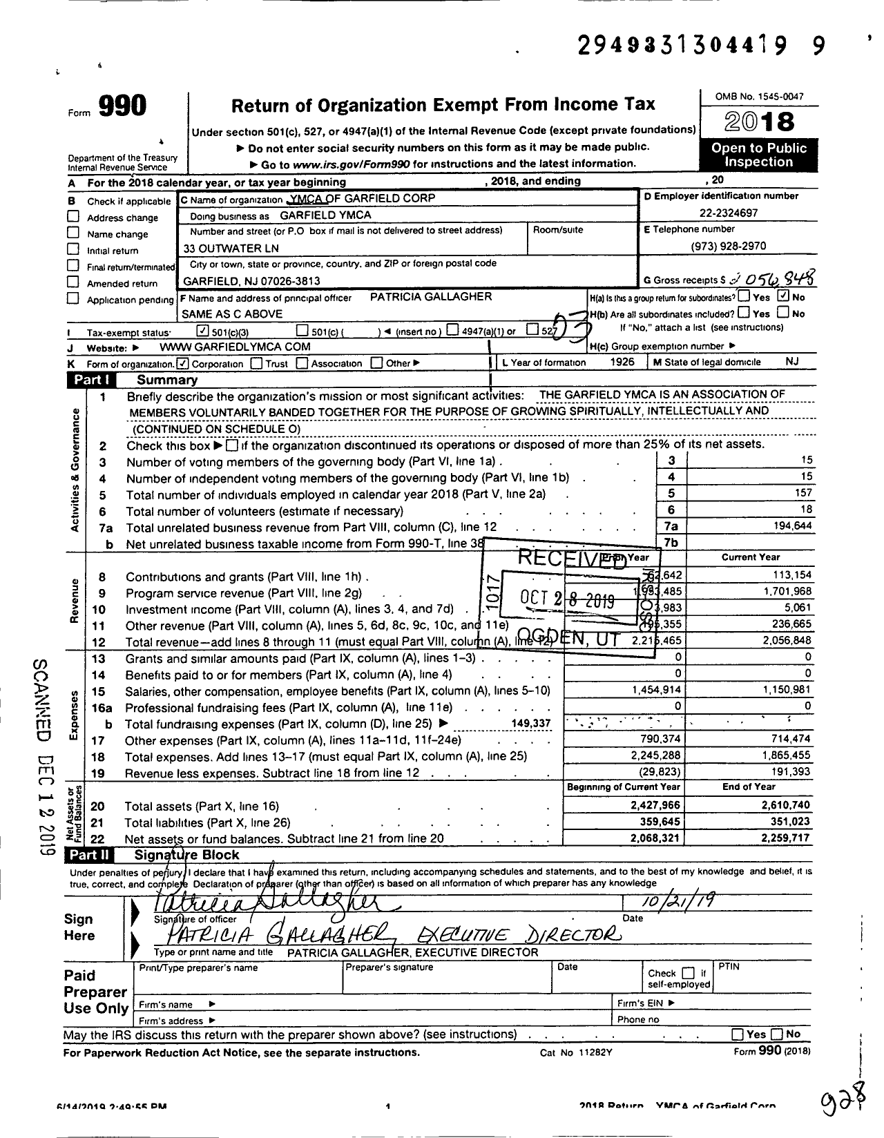 Image of first page of 2018 Form 990 for Garfield YMCA