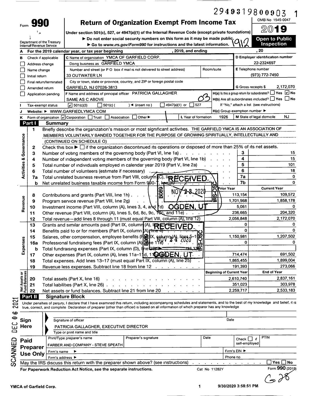 Image of first page of 2019 Form 990 for Garfield YMCA