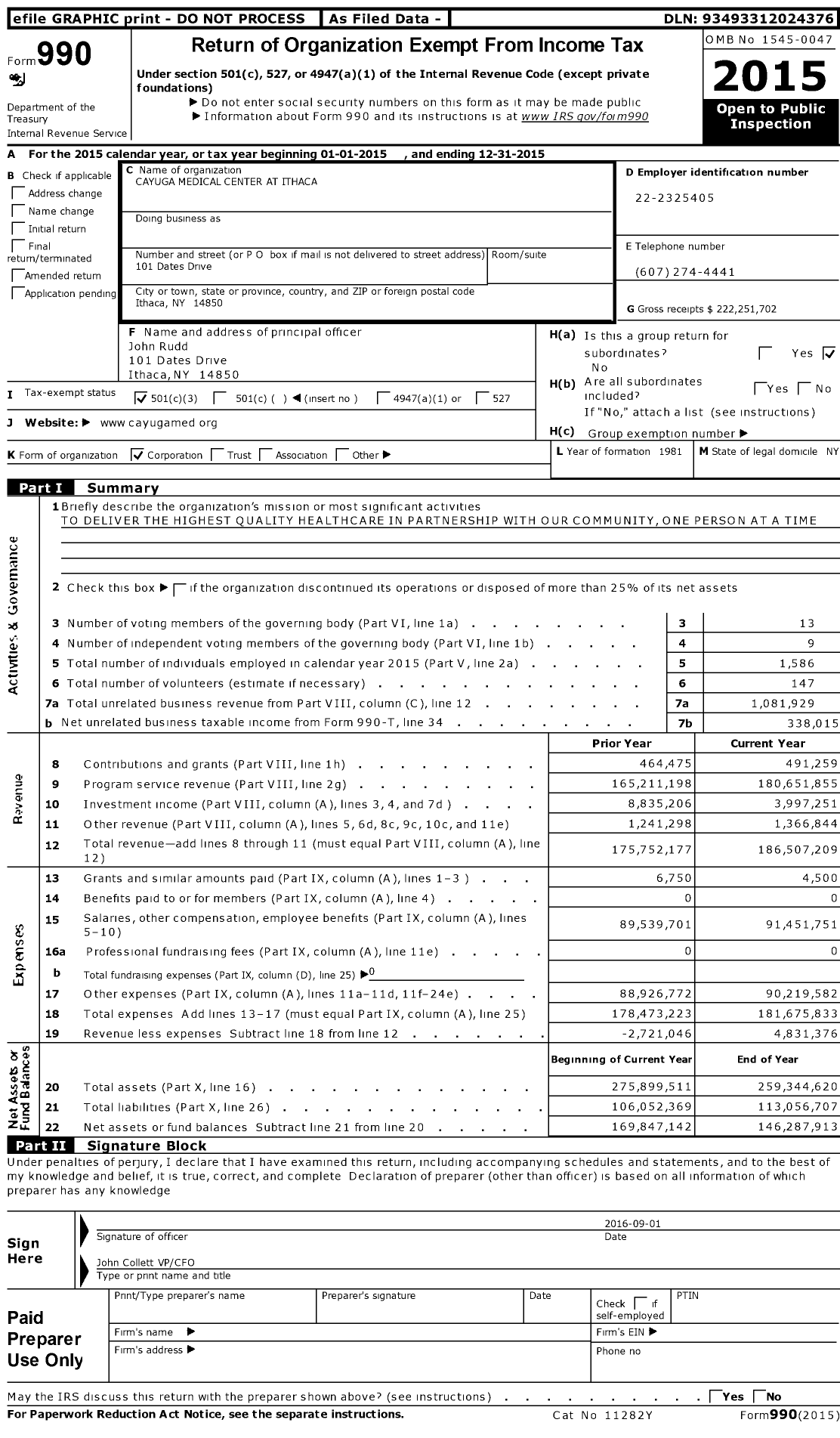 Image of first page of 2015 Form 990 for Cayuga Medical Center