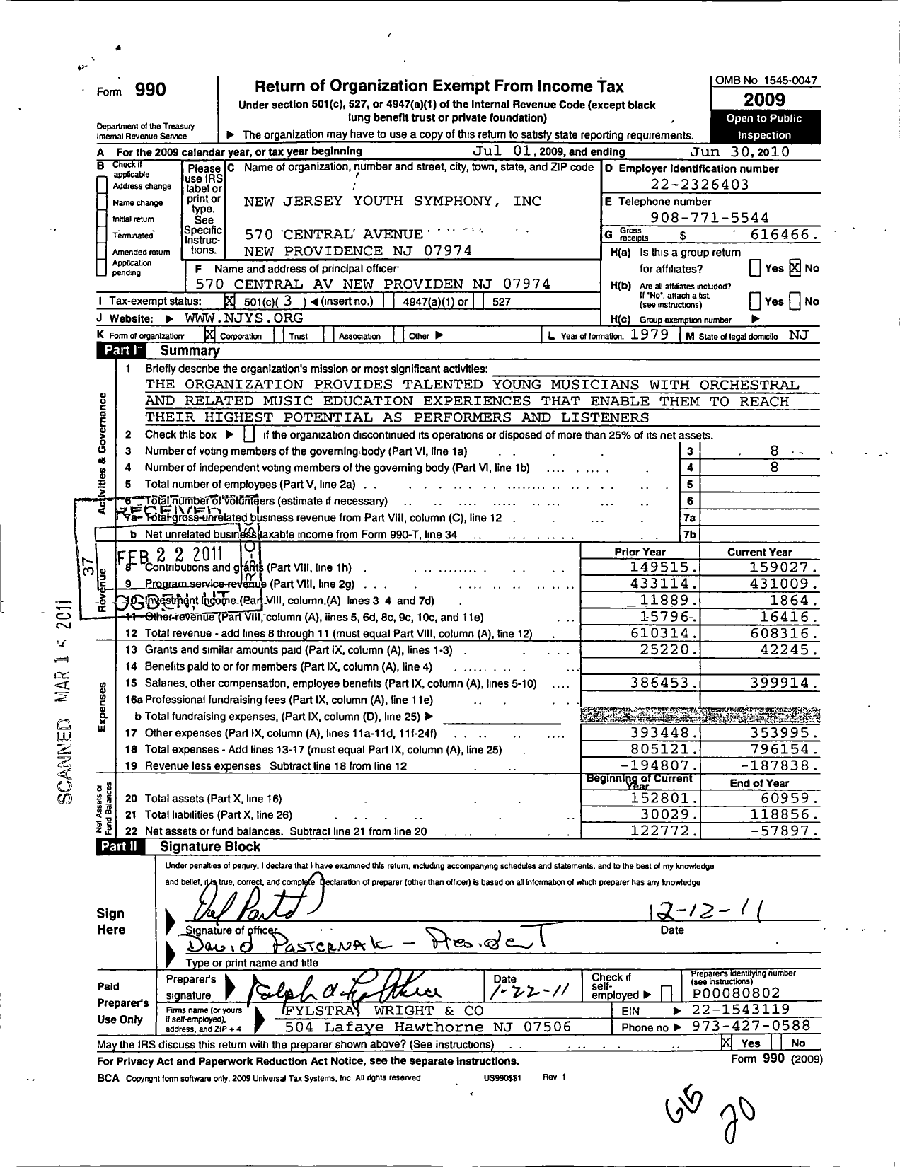 Image of first page of 2009 Form 990 for New Jersey Youth Symphony Union