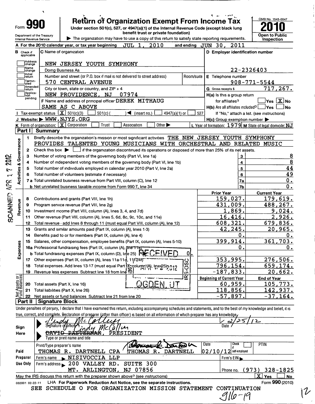 Image of first page of 2010 Form 990 for New Jersey Youth Symphony Union