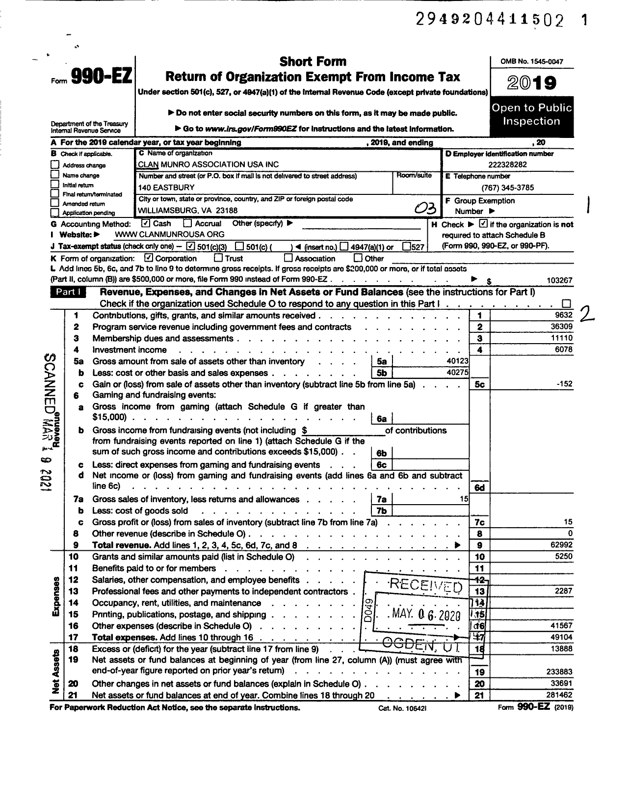 Image of first page of 2019 Form 990EZ for Clan Munro Association USA