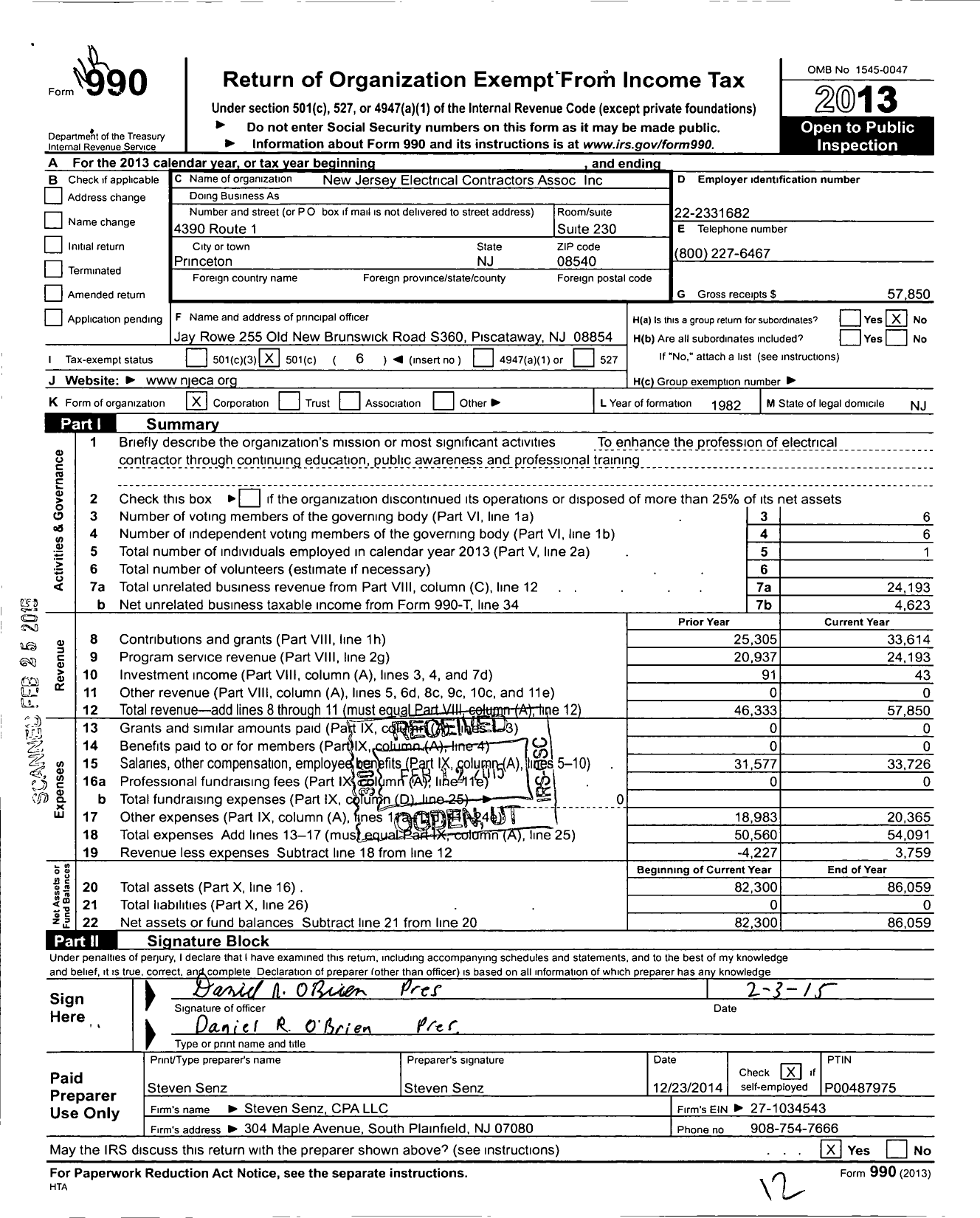 Image of first page of 2013 Form 990O for New Jersey Electrical Contractors Assoc