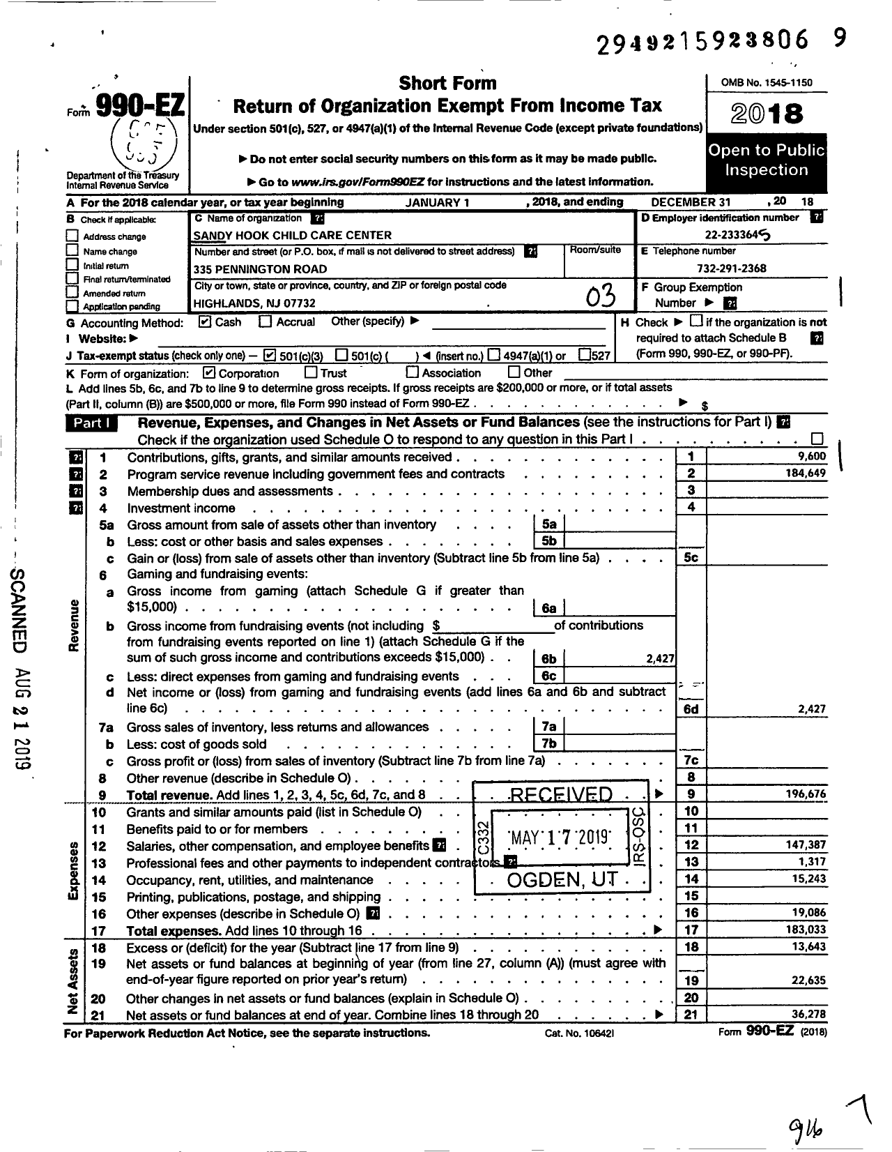 Image of first page of 2018 Form 990EZ for Sandy Hook Child Care Center