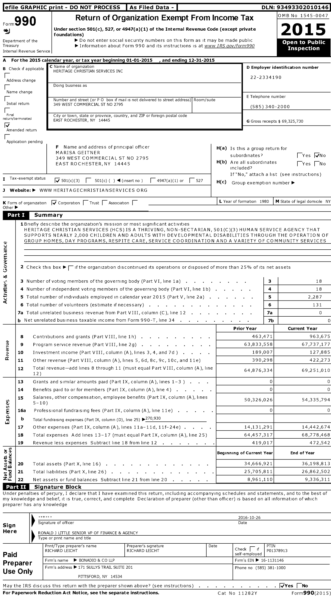 Image of first page of 2015 Form 990 for Heritage Christian Services (HCS)