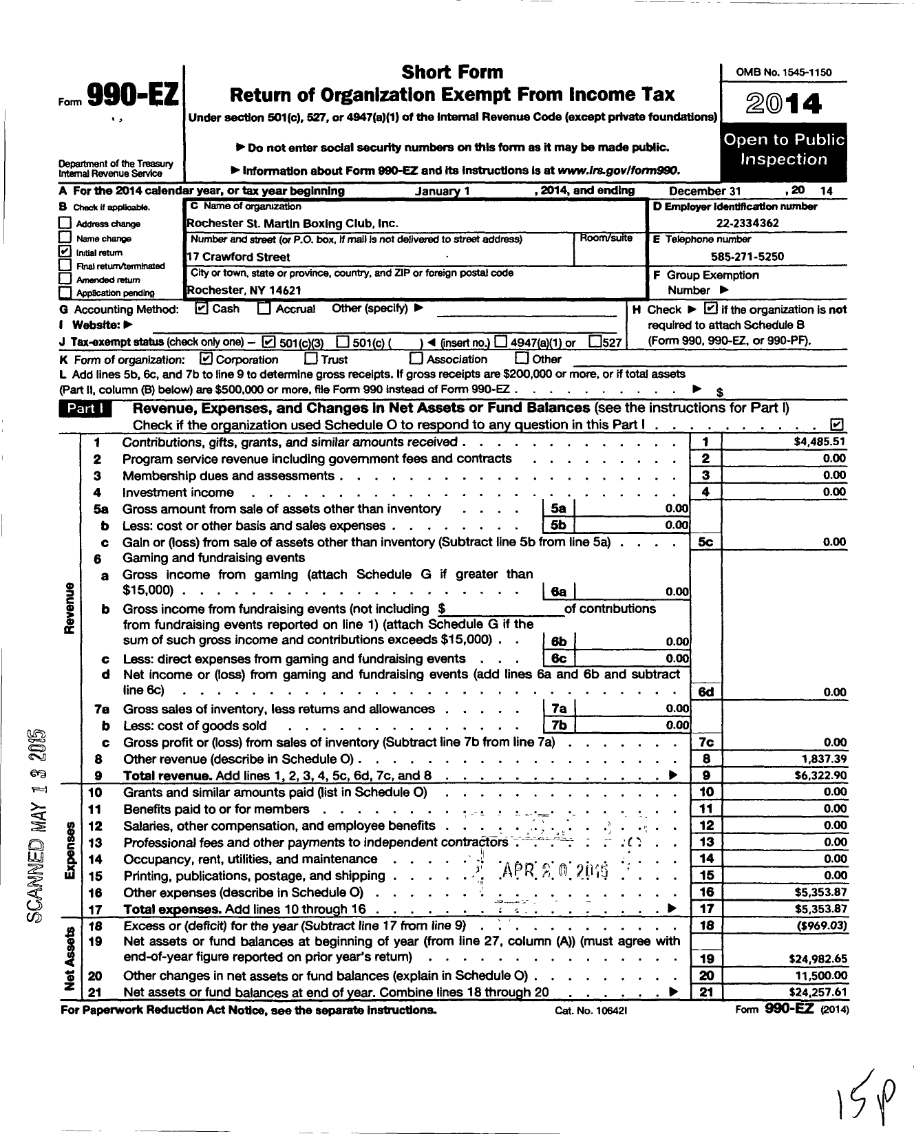 Image of first page of 2014 Form 990EZ for Rochester St Martin Boxing Club