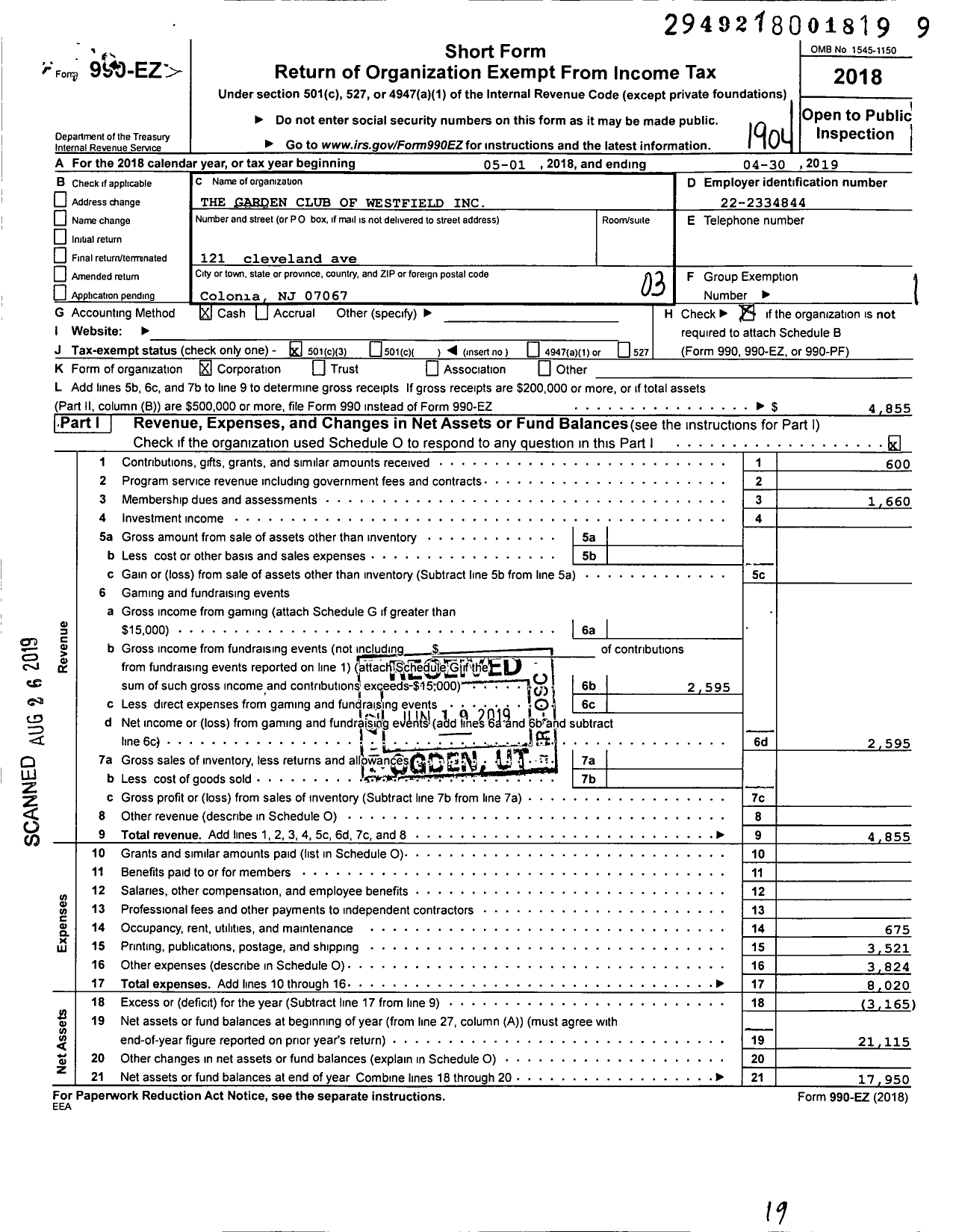 Image of first page of 2018 Form 990EZ for Garden Club of Westfield