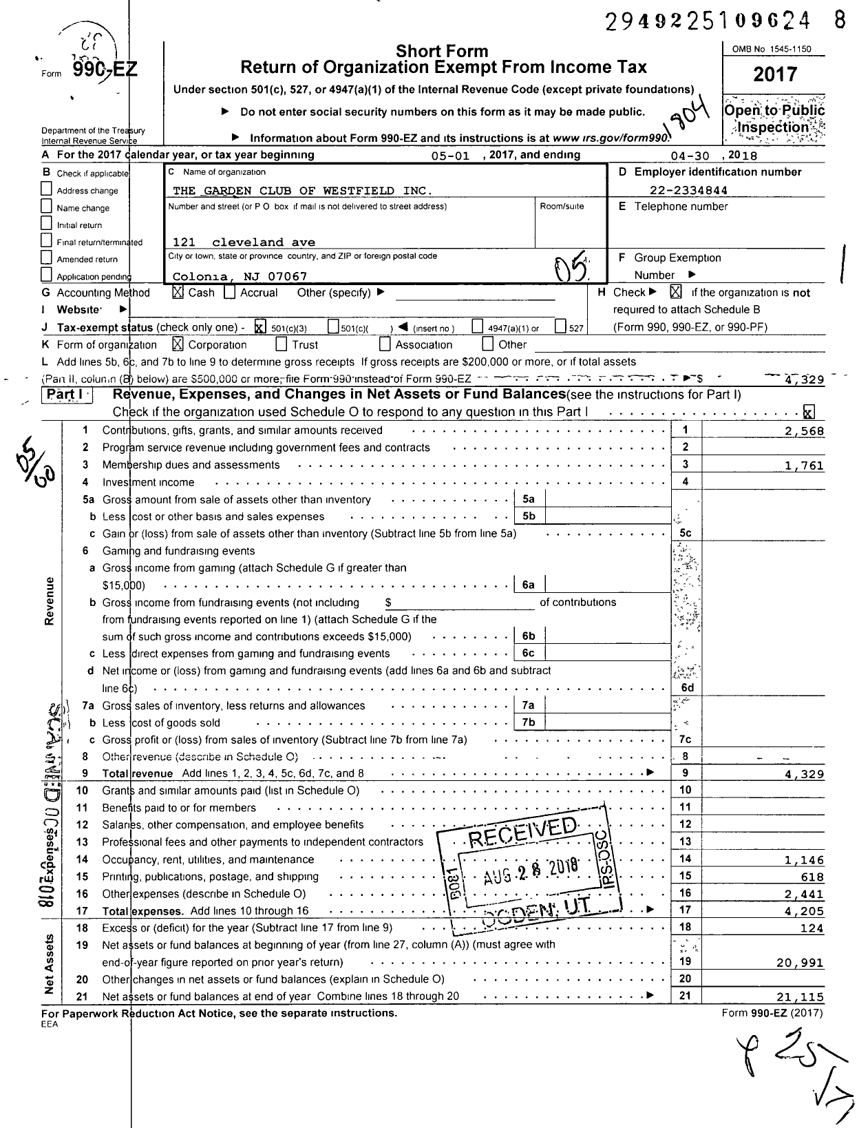 Image of first page of 2017 Form 990EO for Garden Club of Westfield