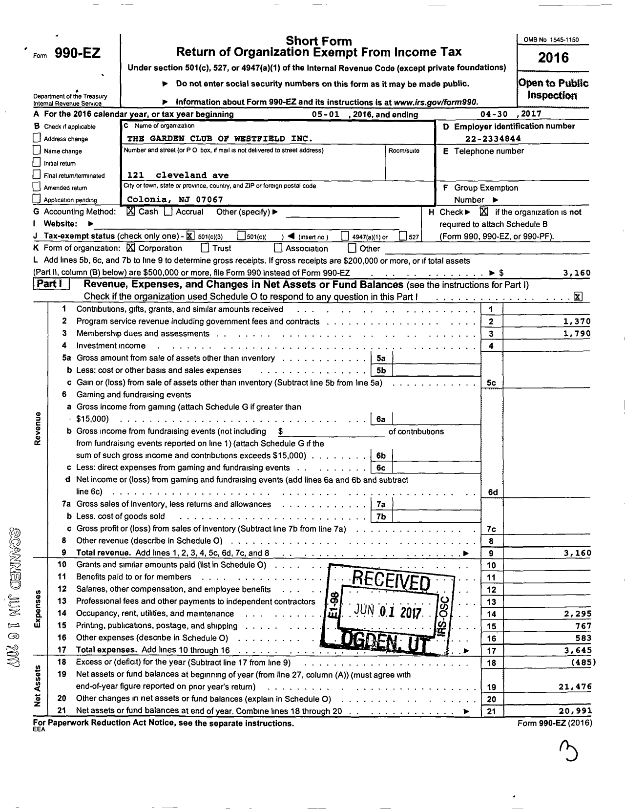 Image of first page of 2016 Form 990EZ for Garden Club of Westfield