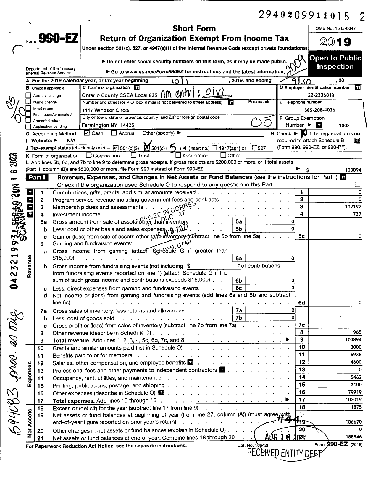 Image of first page of 2019 Form 990EO for Civil Service Employees Association - 0835 Ontario County