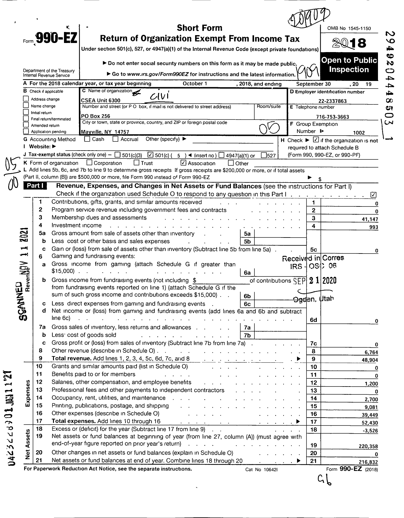 Image of first page of 2018 Form 990EO for CIVIL SERVICE EMPLOYEES ASSOCIATION - 0807-630000 Chautauqua County Unit / Csea Unit 6300