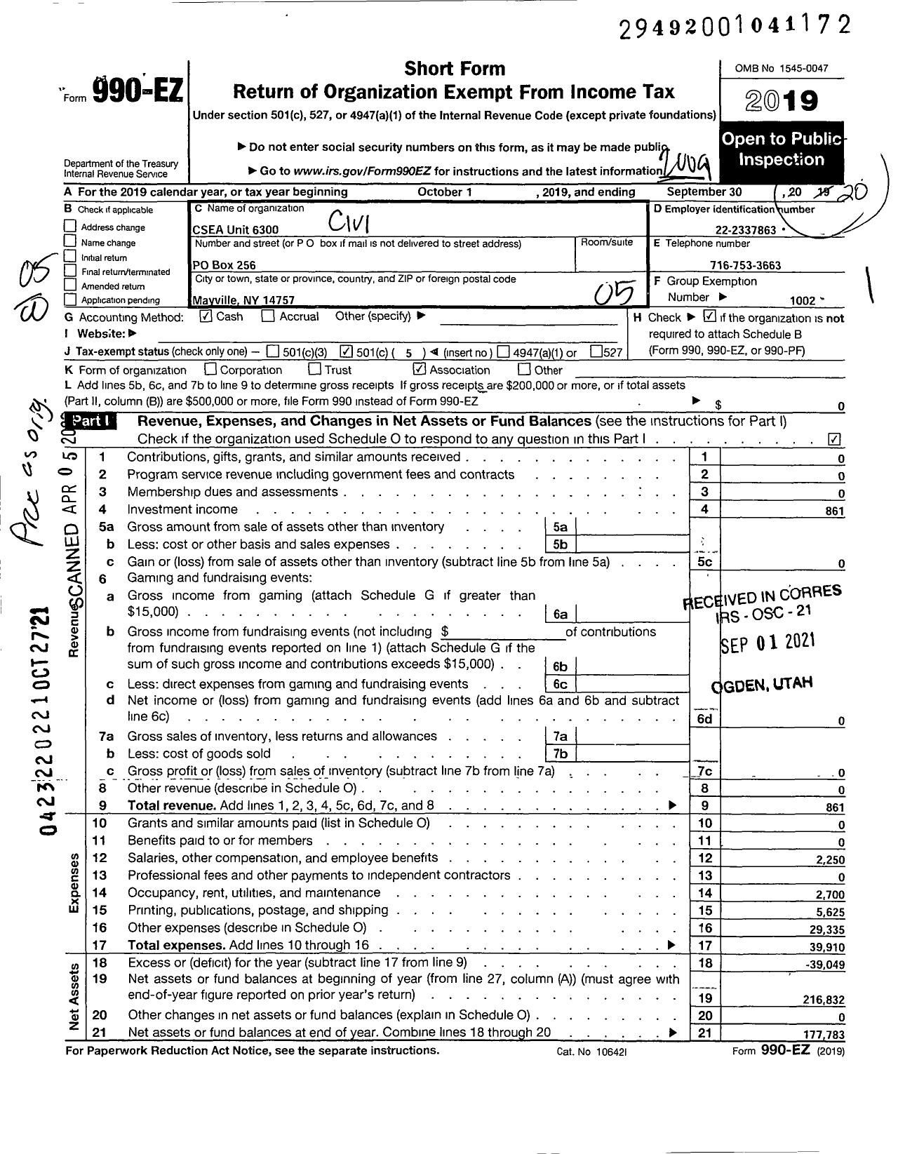 Image of first page of 2019 Form 990EO for CIVIL SERVICE EMPLOYEES ASSOCIATION - 0807-630000 Chautauqua County Unit / Csea Unit 6300