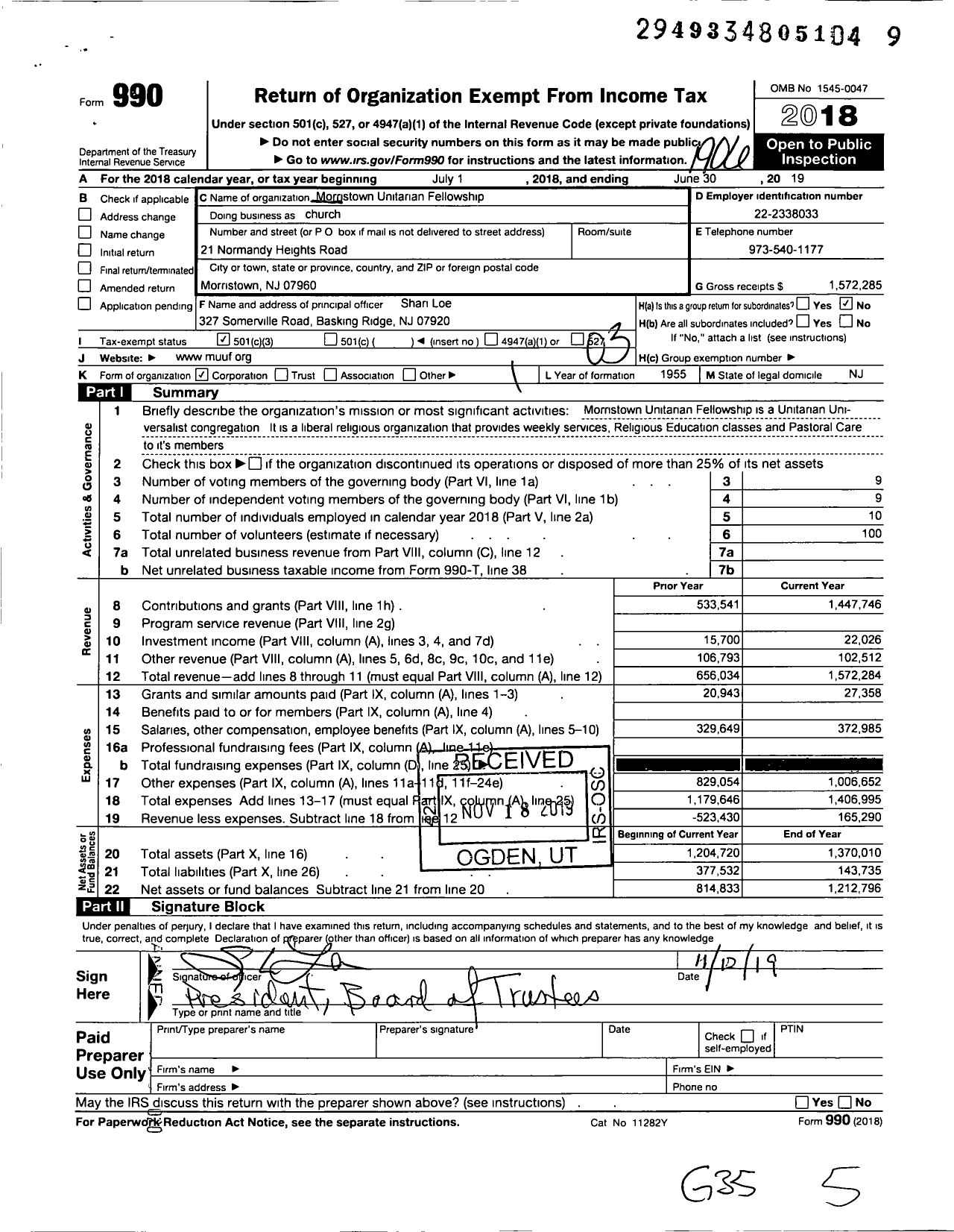 Image of first page of 2018 Form 990 for Religious Organization / Morristown Unitarian Universalist Fellowship