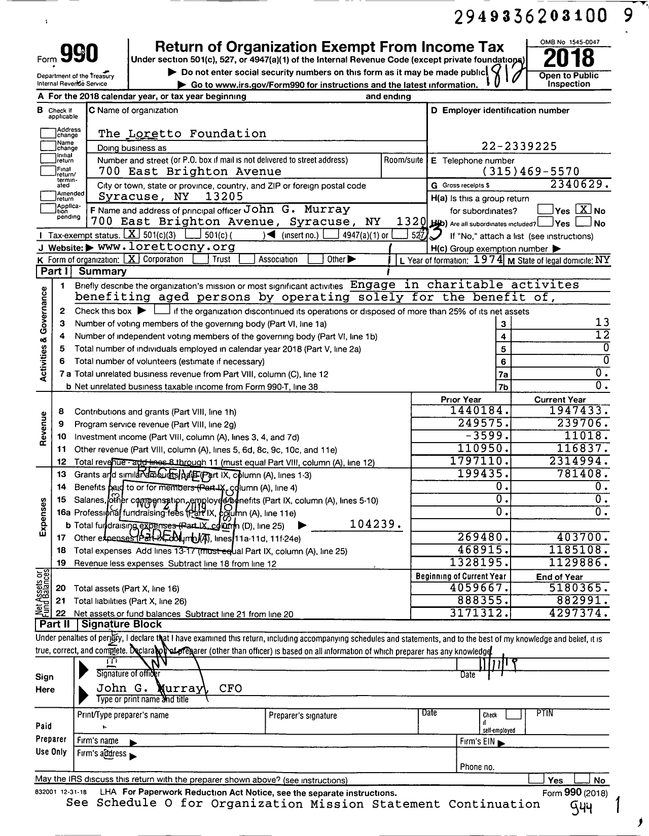 Image of first page of 2018 Form 990 for The Loretto Foundation