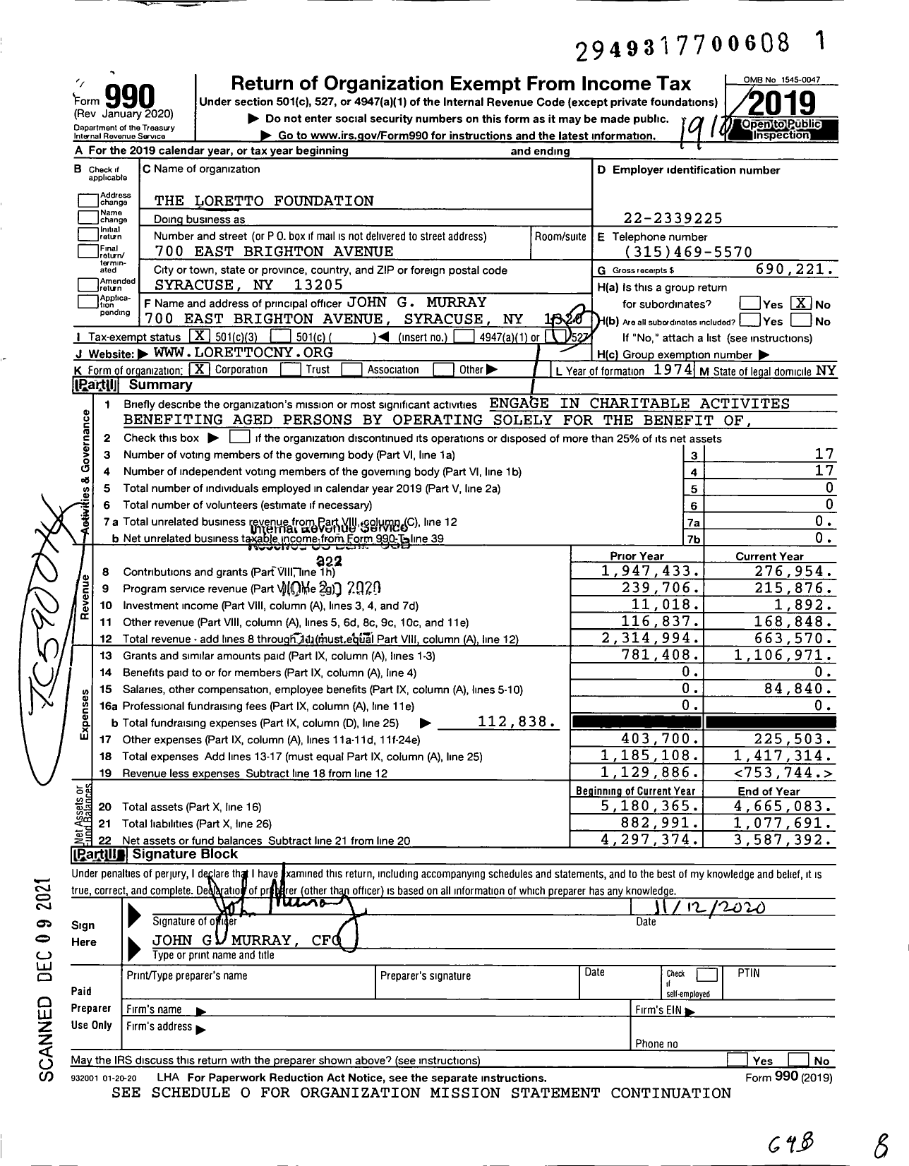 Image of first page of 2019 Form 990 for The Loretto Foundation